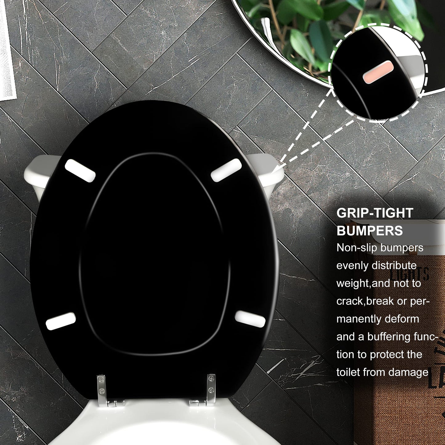 Black Elongated Toilet Seat Natural Wood Toilet Seat with Zinc Alloy Hinges, Easy to Install also Easy to Clean, Scratch Resistant Toilet Seat by Angol Shiold (Elongated, Black)