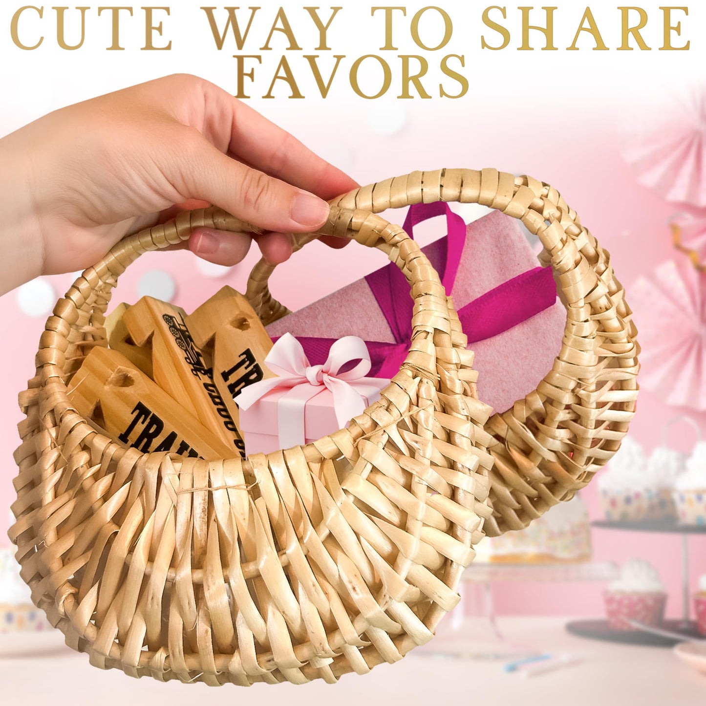 Flower Girl Basket Set of 2 - Charming Rattan with Waterproof Lining, 6.3 x 5.12 x 3.75 Inch - Small Wicker Basket with Handle for Wedding Flower Petals, Confetti, Candy, Gift, Storage & Home Decor