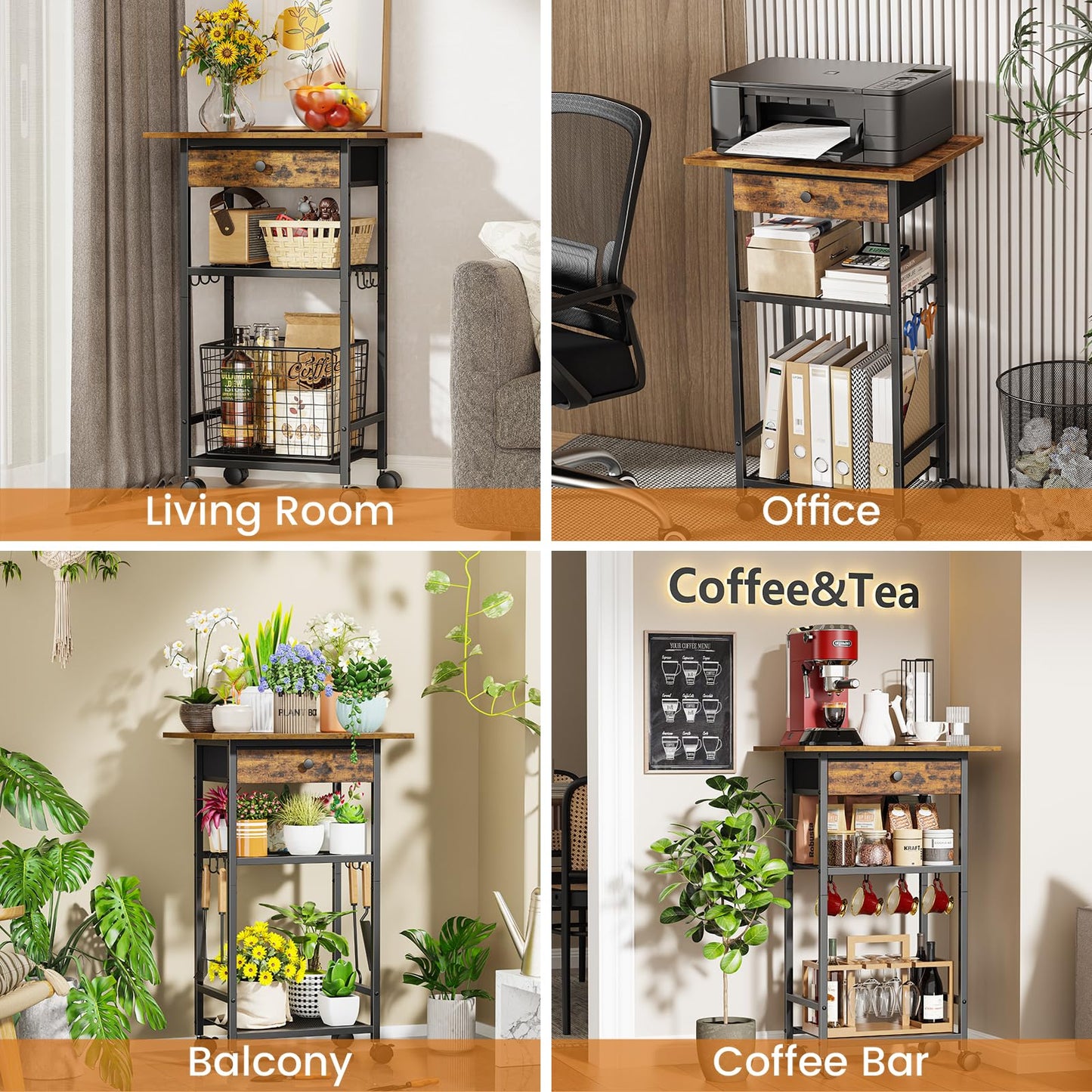 Draelibor Microwave Cart, 4-Tier Microwave Stand with Adjustable Shelf, Kitchen Storage Cart on Wheels, Coffee Bar Cart Shelf for Living Room, Kitchen Island, Office, Balcony, Rustic Brown