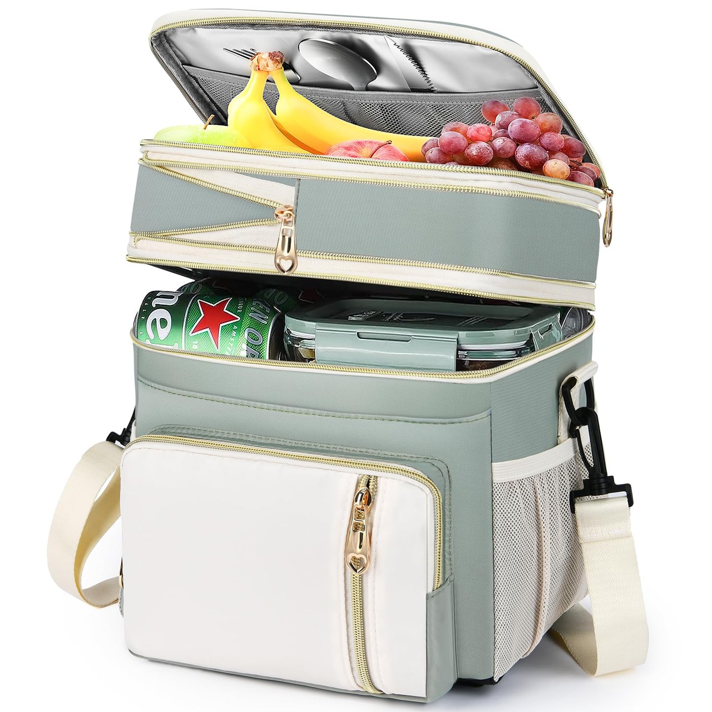 BAGNN Lunch Box for Women, Expandable Large Double Deck Insulated Lunch Bag with Strap, Lightweight Leakproof Cooler Tote Bag, Adult LunchBox for Work, Picnic, Beach & Travel, 16L, Olive Green & White