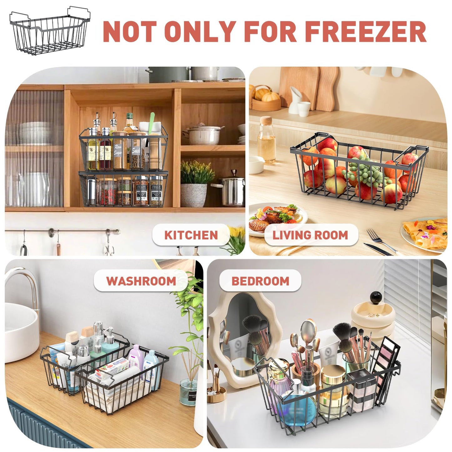 Goovilla Freezer Organizer Bins with Foldable Handle, 8 Pack Stackable Freezer Baskets for 3.5-7 Cu.FT Deep Chest Freezer Organization, Coated Metal Freezer Storage Bins with Better Space Utilization
