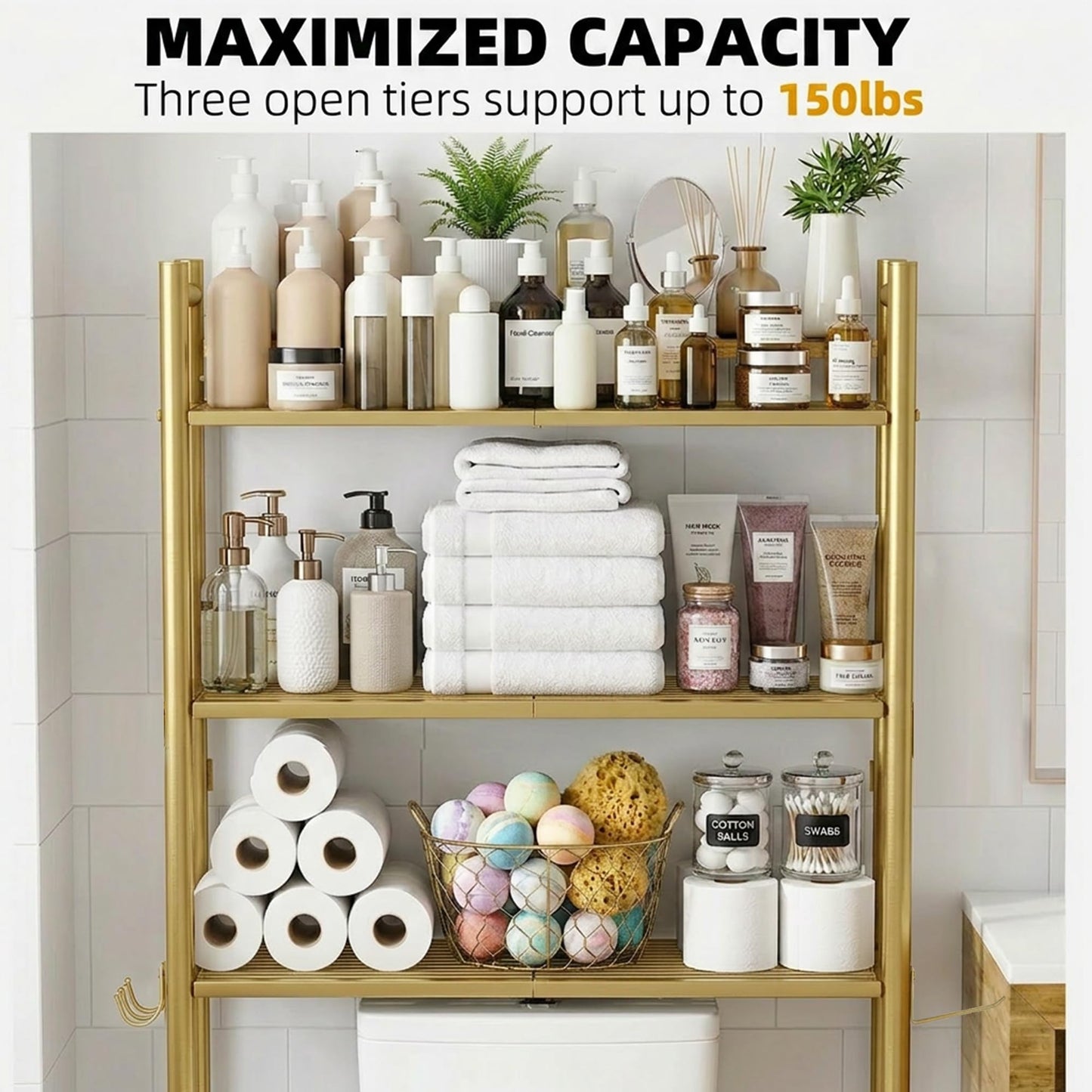 GloTika 3-Tier Over Toilet Storage with Anti-Tilt Safety System - 150lb Total Capacity Metal Bathroom Shelves Including Paper Holder & 4 Hooks, Space Saving Above Commode Organizer (64" H, Gold)