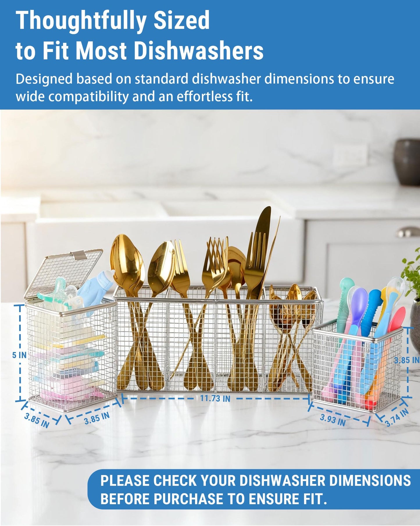 Viscogrip Universal Dishwasher Silverware Basket, 304 Stainless Steel 3-in-1 Dishwasher Utensil Basket, Bottle Parts, Straws, Forks, Chopsticks Cleaning (Silver)
