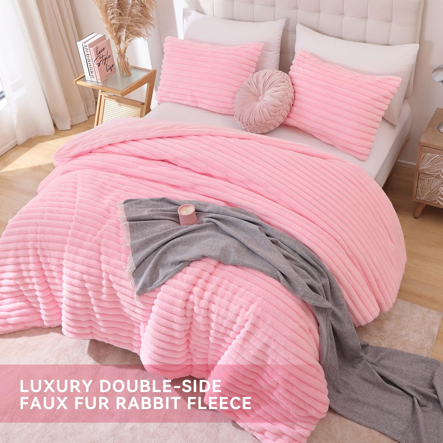 Smoofy Fluffy Queen Comforter Set 3 Pieces - Pink Fleece Fluffy Comforter Set, Luxury Fuzzy Queen Bedding Set, Soft Warm Bed Set All Season, Heavy Faux Fur Comforter with 2 Pillow Cases