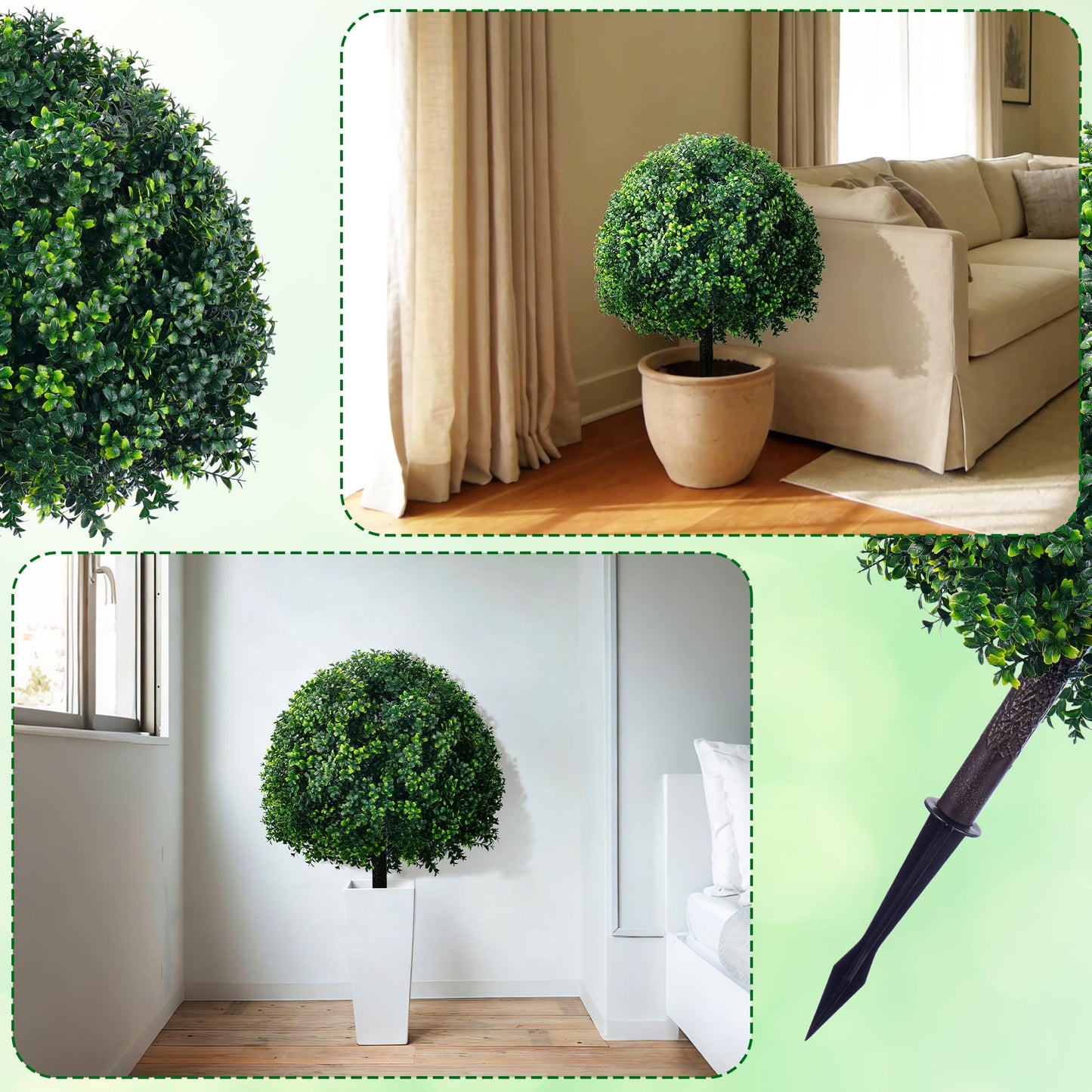 24'' Artificial Boxwood TopiaryTree, Faux Boxwood Plants Shurbs with Spike, 2 Set Topiary Ball Tree Waterproof UV Resistant Fake Pot Filler Plants for Planter Porch Home Outside Garden Spring Decor