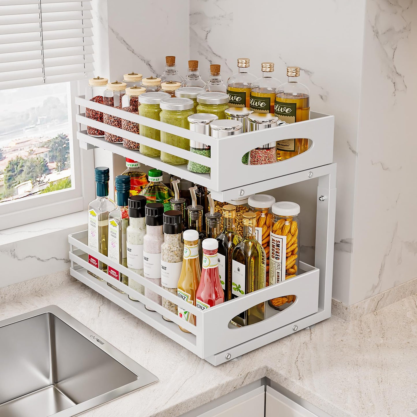 Under Sink Organizer, 2 Tier Under Sink Organizers and Storage, Adjustable Height, Slide out Metal Cabinet Organizers, Pull out Cabinet Storage Drawer Shelf for Kitchen Bathroom (White, 1 Pack)
