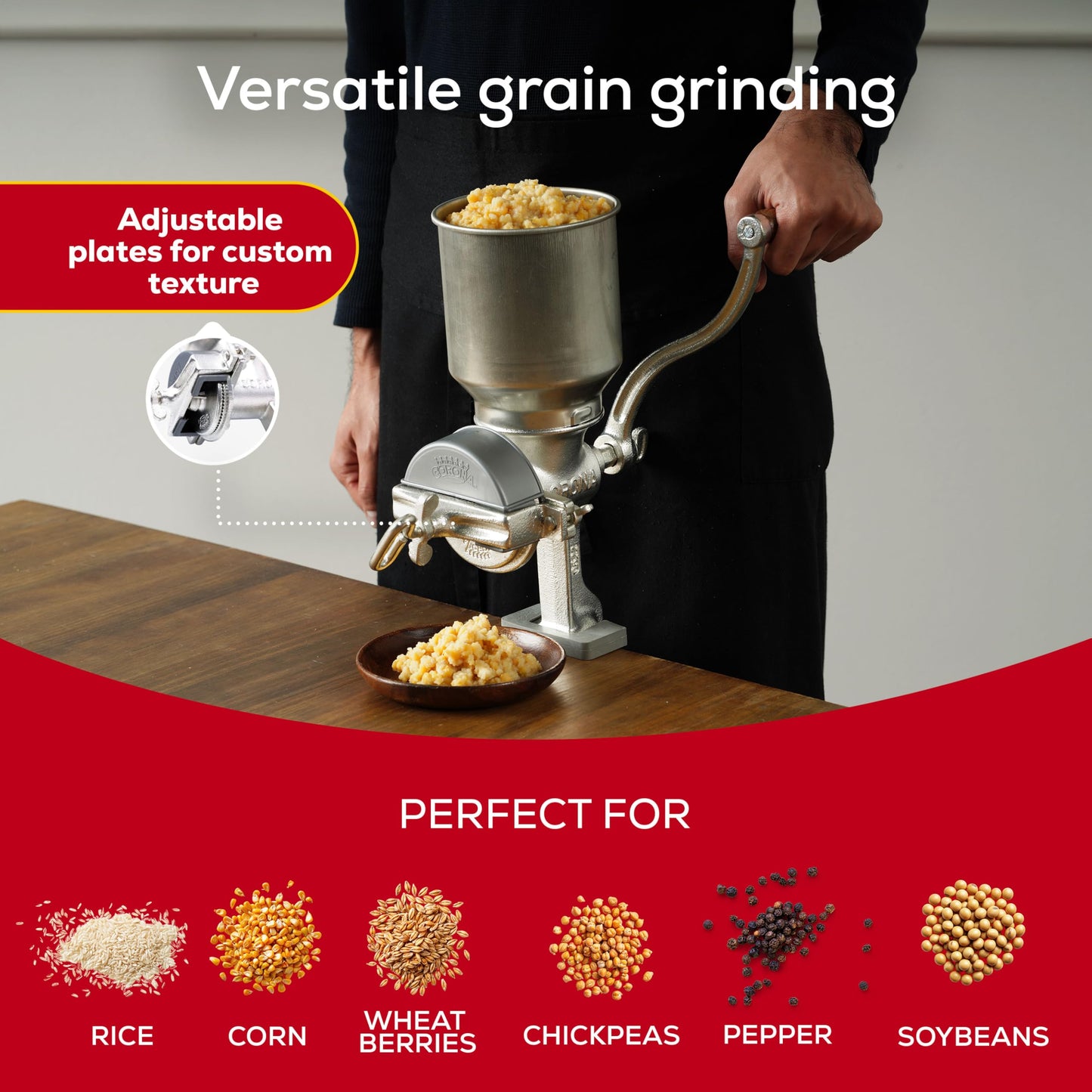 Corona Corn Grinder with High Hopper, Grain Mill, Manual Grinder For Corn, Rice, Soybeans, Pepper, Chickpeas, Cast Iron Wheat Grinder For Domestic Use