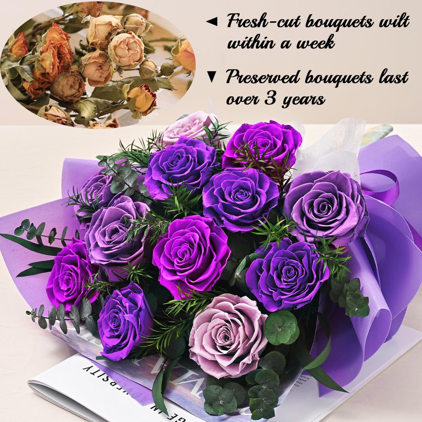 Flowers for Delivery Prime 12 Roses, Mothers Day Flowers for Mom, Mothers Day Gifts, Forever Roses Preserved Purple Flower Bouquet Eternal Rose Birthday Gifts for Women Gf Gifts Wedding Anniversary