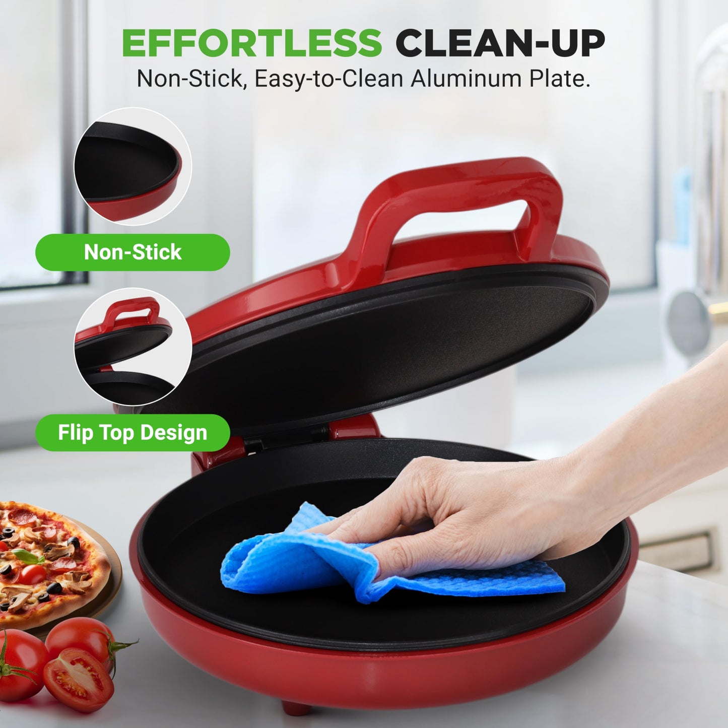 NutriChef Countertop Pizza Maker | 1500W Non-Stick Electric Pizza Cooker | Make 12" Personal Pizzas, Eggs, Toast & More | Cool-Touch Handles, Compact & Space-Saving | Temp Range 175-400°F | Red