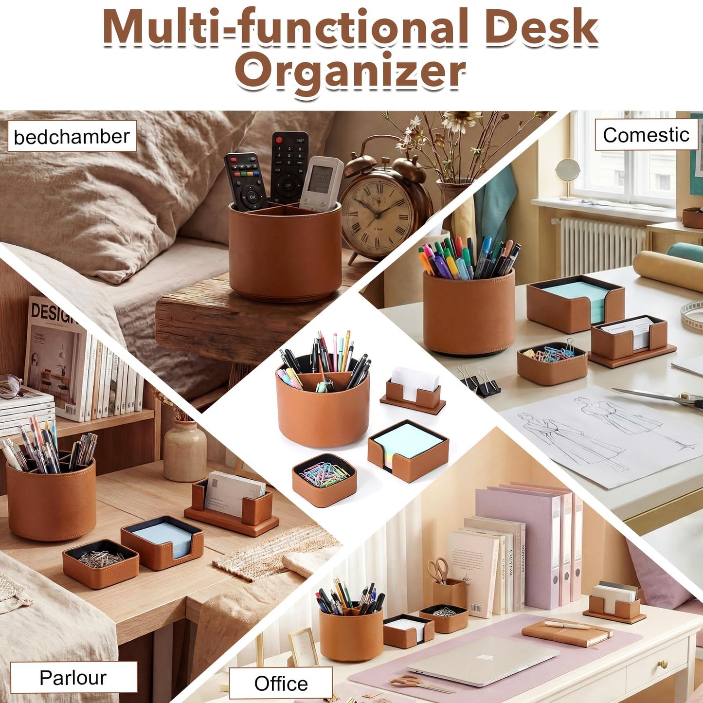 YooNotee 4 Pcs Rotating Leather Pen Holder Organizer Office Desk Accessories Set with Business Card Sticky Note Holder Paperclip Storage Desktop Storage Supply for Teacher Back to School Gift(Brown)