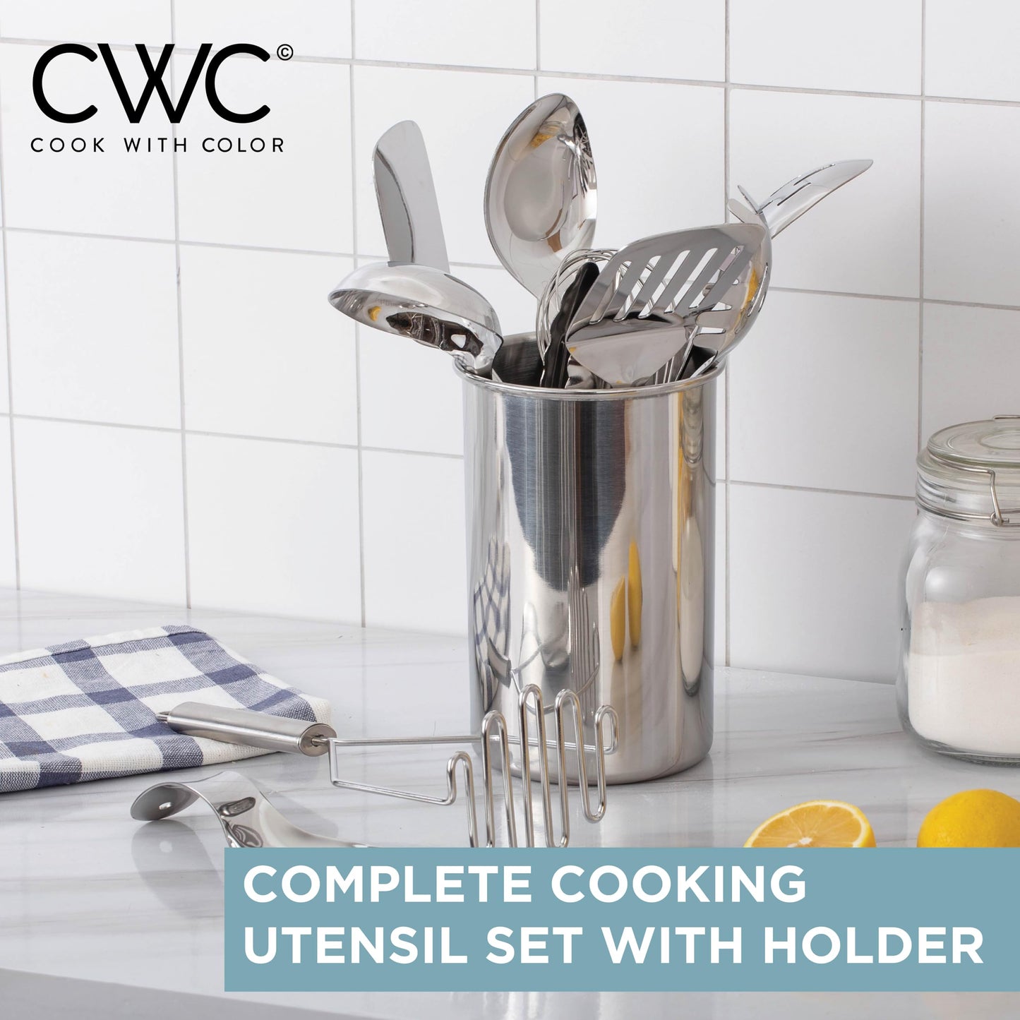 COOK WITH COLOR Kitchen Utensil Set - premium Nonstick & Heat Resistant Kitchen Gadgets, Turner, Spaghetti Server, Serving Spoons, Whisk, Tongs, Masher & Utensil Holder, 10-piece Stainless Steel