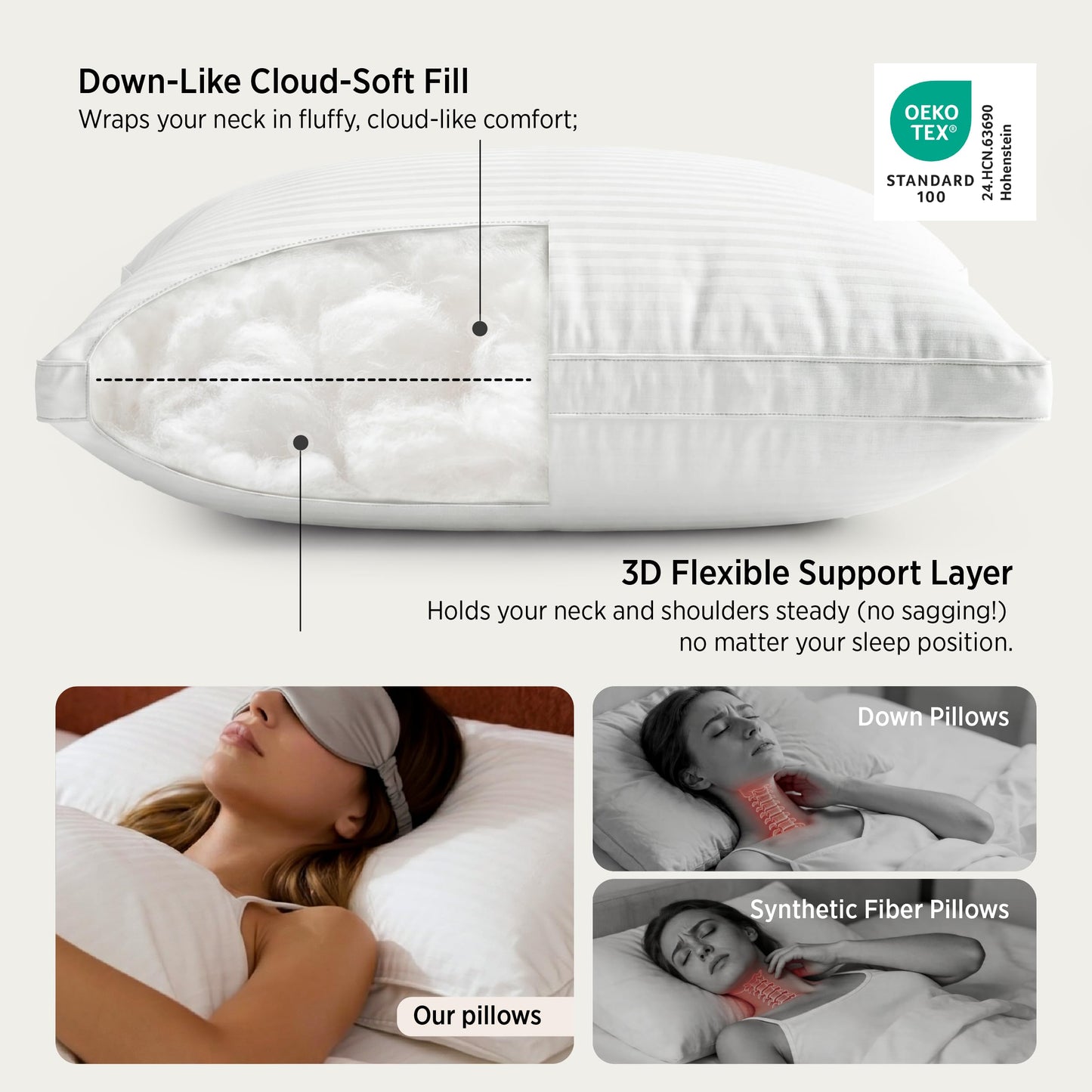 Bedsure Queen Size Bed Pillows Set of 2 - Hotel Quality Gusseted Down Alternative Pillow, 100% Cotton Cover PureWoven 300TC, Dual Chamber Fluffy Support Suitable for All Sleeping Positions