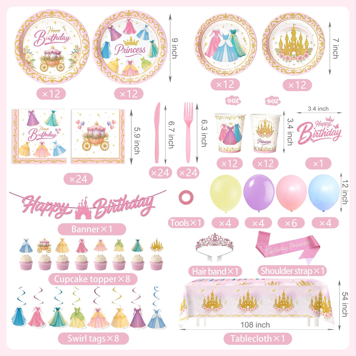 Princess Birthday Party Decorations – 199 PCS Princess Party Supplies for 24 Guests, Includes Plates, Cups, Napkins, Tablecloth, Castle Banner, Balloons, Cupcake Toppers, Tiara & Sash