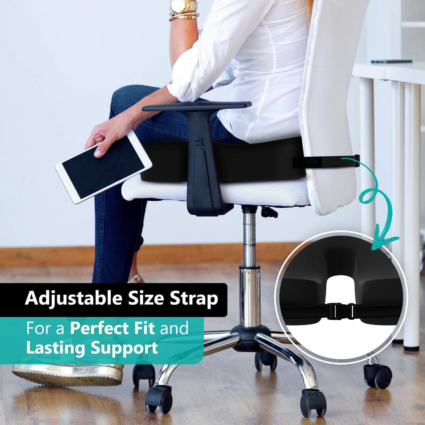 Comfidur Seat Cushion - High-Density Charcoal Memory Foam Office Chair Cushion with Adjustable Strap & Washable Non-Slip Cover | Supports Sitting Posture for Office, Car & Home