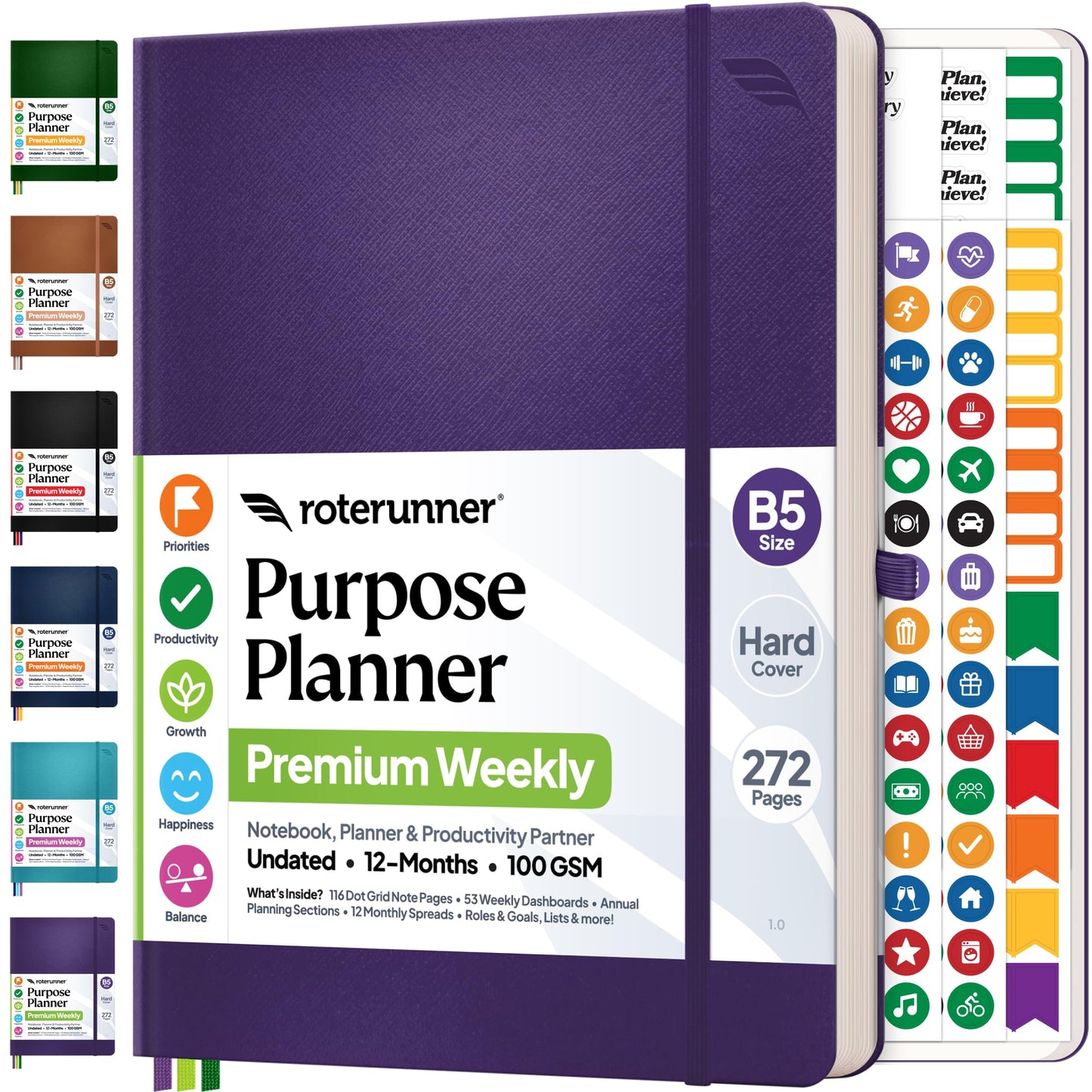 Roterunner Purpose Planner Notebook B5 7.5”x9.8” 12 Month Undated 2026 Daily Weekly and Monthly Productivity Goal Setting Tool for Work Home ADHD Planner for Adults Self Care Journal