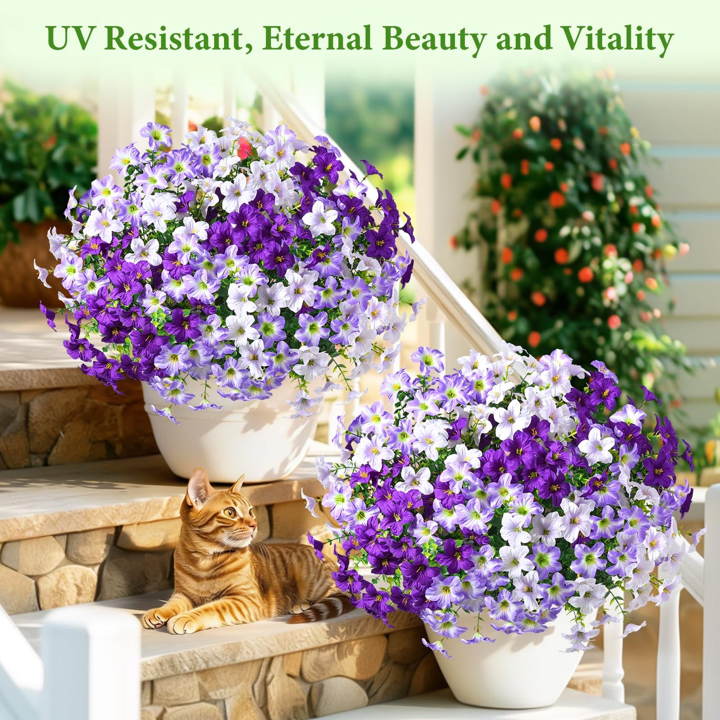 MARTINE MALL 24 Bundles Look Real Artificial Flowers for Outdoors, Realistic Fake Outdoor Flowers, UV Resistant Silk Petunia Flowers for Outside Faux Flowers for Outdoor Garden, Mixed Purple