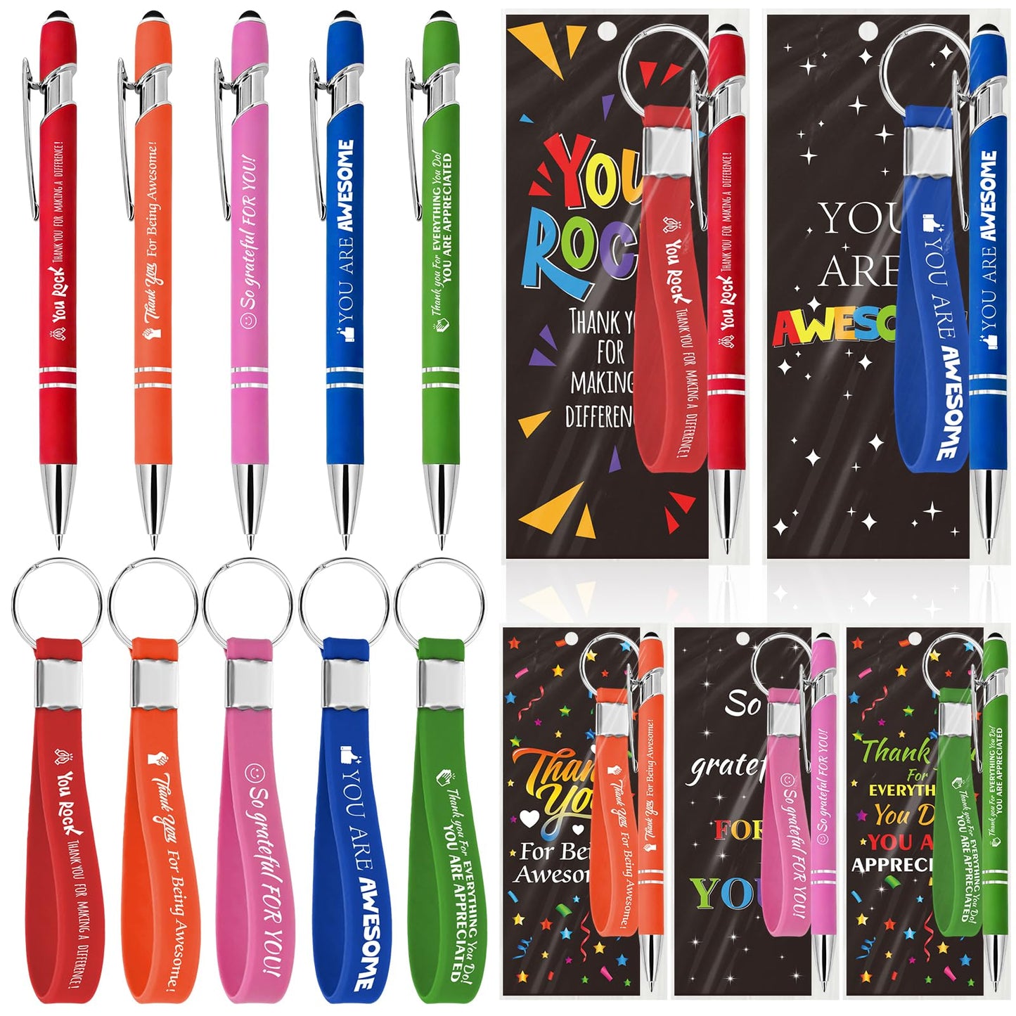 50 Sets/150 Pcs Employee Appreciation Gifts in Bulk, Including Silicone Key Chains, Pens with Stylus Cap, Bookmarks, Team Thank You Gifts Inspirational Motivational Teachers Nurses Staff Coworkers