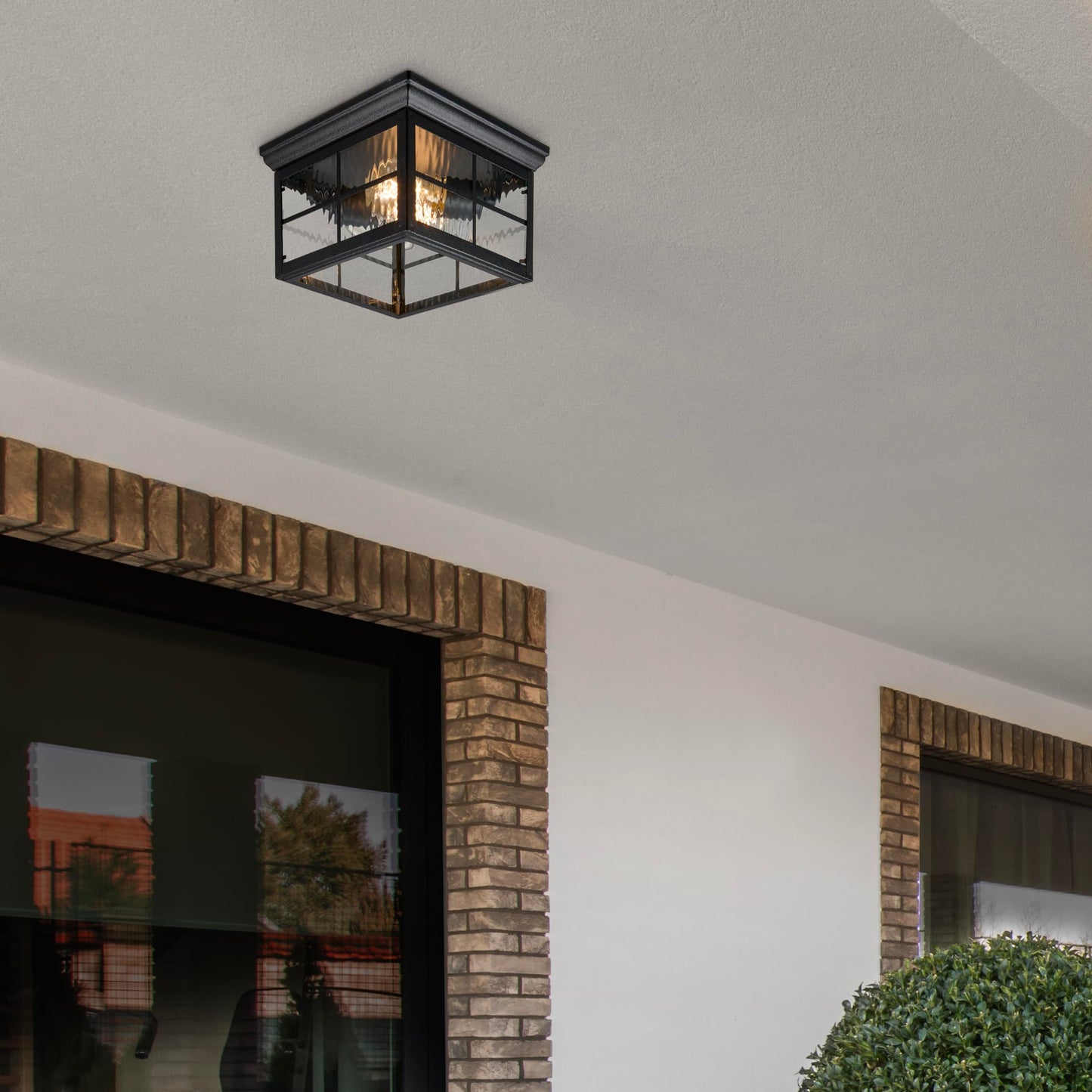 Maxxima Outdoor Flush Mount Ceiling Light Fixture, Black w/Water Glass, 2-Light Square Farmhouse Porch or Patio Light, Close to Ceiling Entryway Outdoor Light, Bulbs Not Included