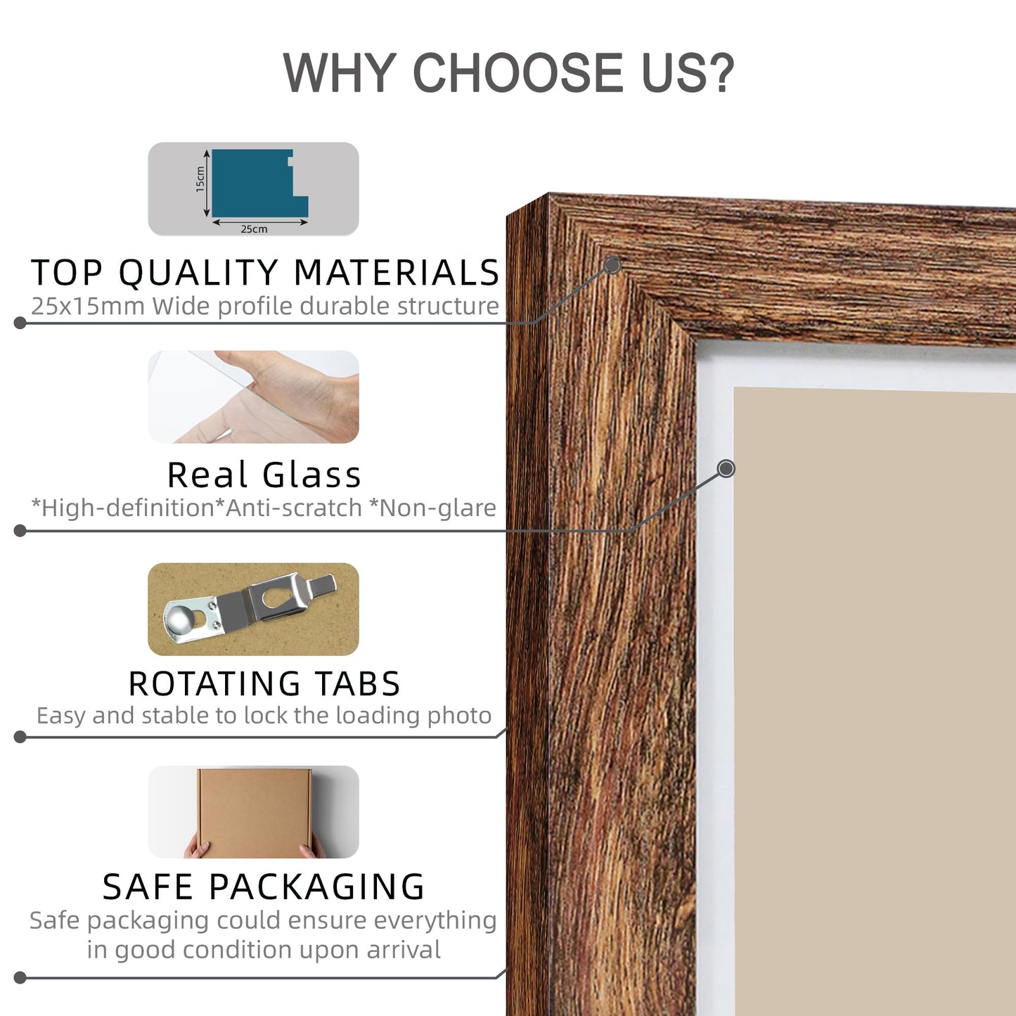Hongkee 11x14 Picture Frame Set of 4, Made of Glass and Rustic Brown Wooden Frame, Display 8x10 Pictures with Mat or 11 x 14 Posters without Mat for Wall Mounting, Gallery Photo Frames