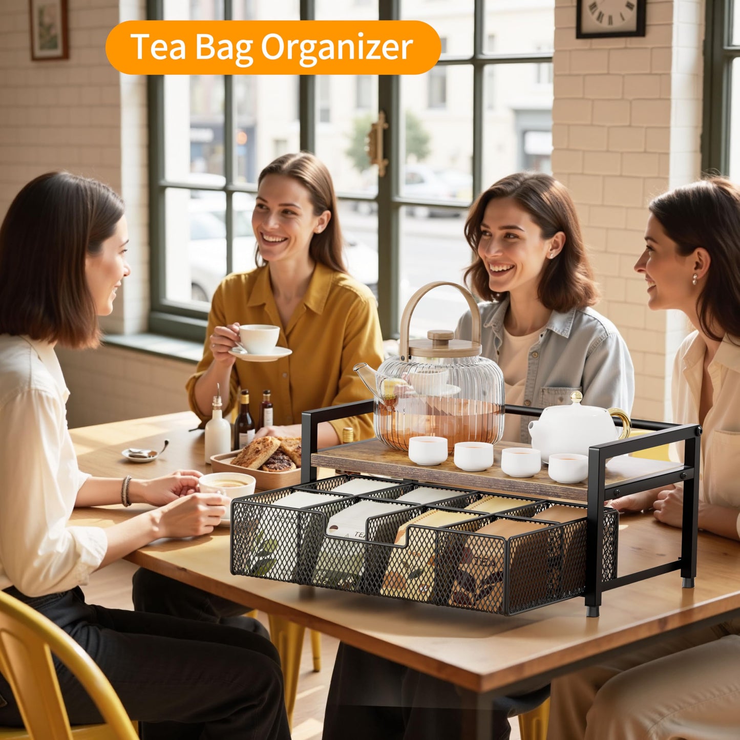 Segtenant Tea Bag Organizer, Tea Bag Holder with Drawer, Wood and Metal Tea Organizers and Storage Chest for Countertop Kitchen, Office, Rustic Brown