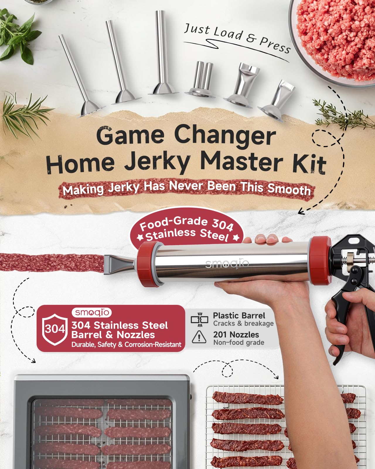 SMOQIO 2LB Jerky Gun Kits, 304 Stainless Steel Beef Stick Gun, Beef Jerky Shooter Cannon with 6 Versatile Nozzles, Suitable for 19mm Snack Stick, with 4 Cleaning Brushes and 1 Meat Pusher