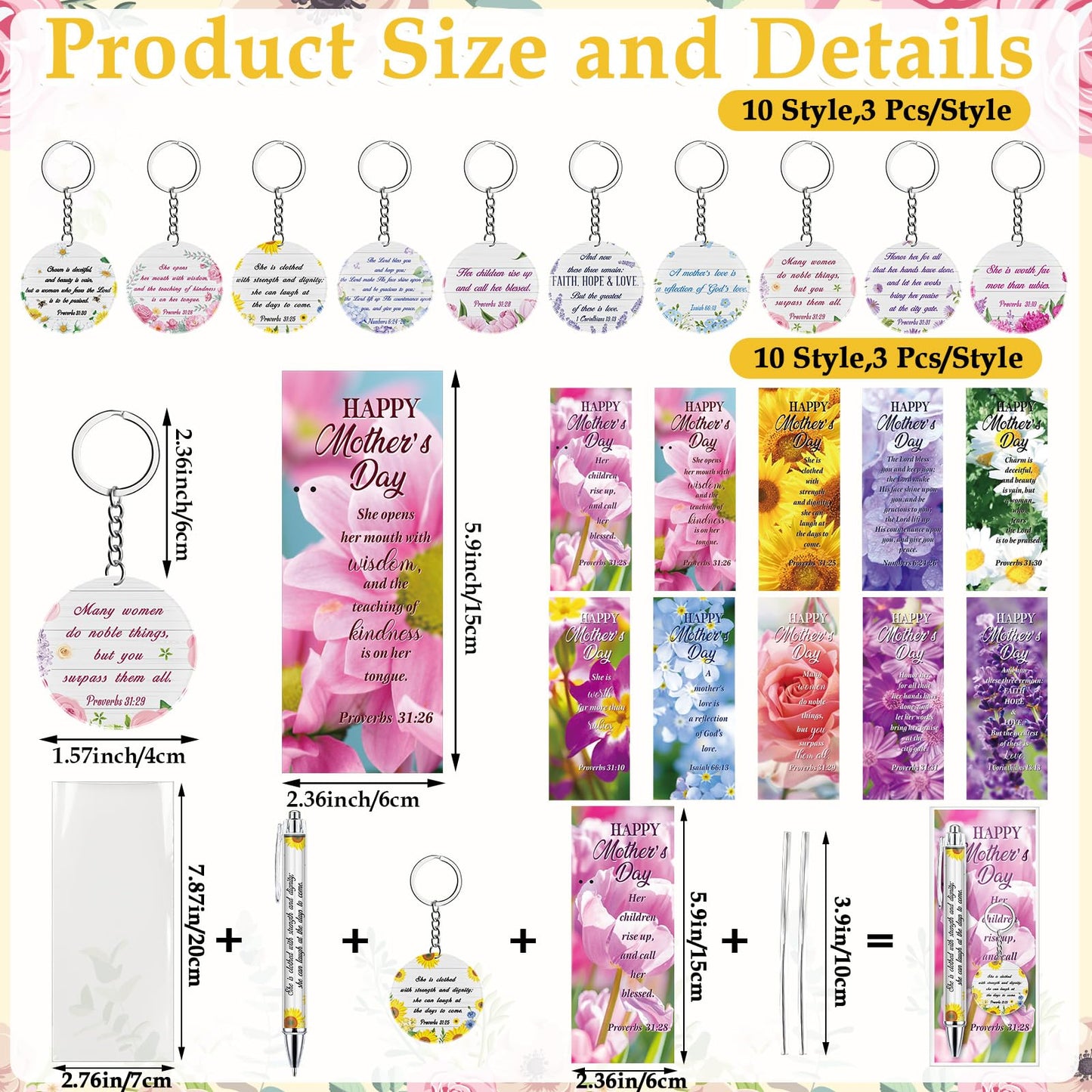 Glenmal 30 Sets Christian Mothers Gifts Bulk Bible Verse Ballpoint Pens Floral Scripture Keychain Religious Happy Mother's Day Bookmarkers Inspirational Church Gifts for Mom Prayer Supplies