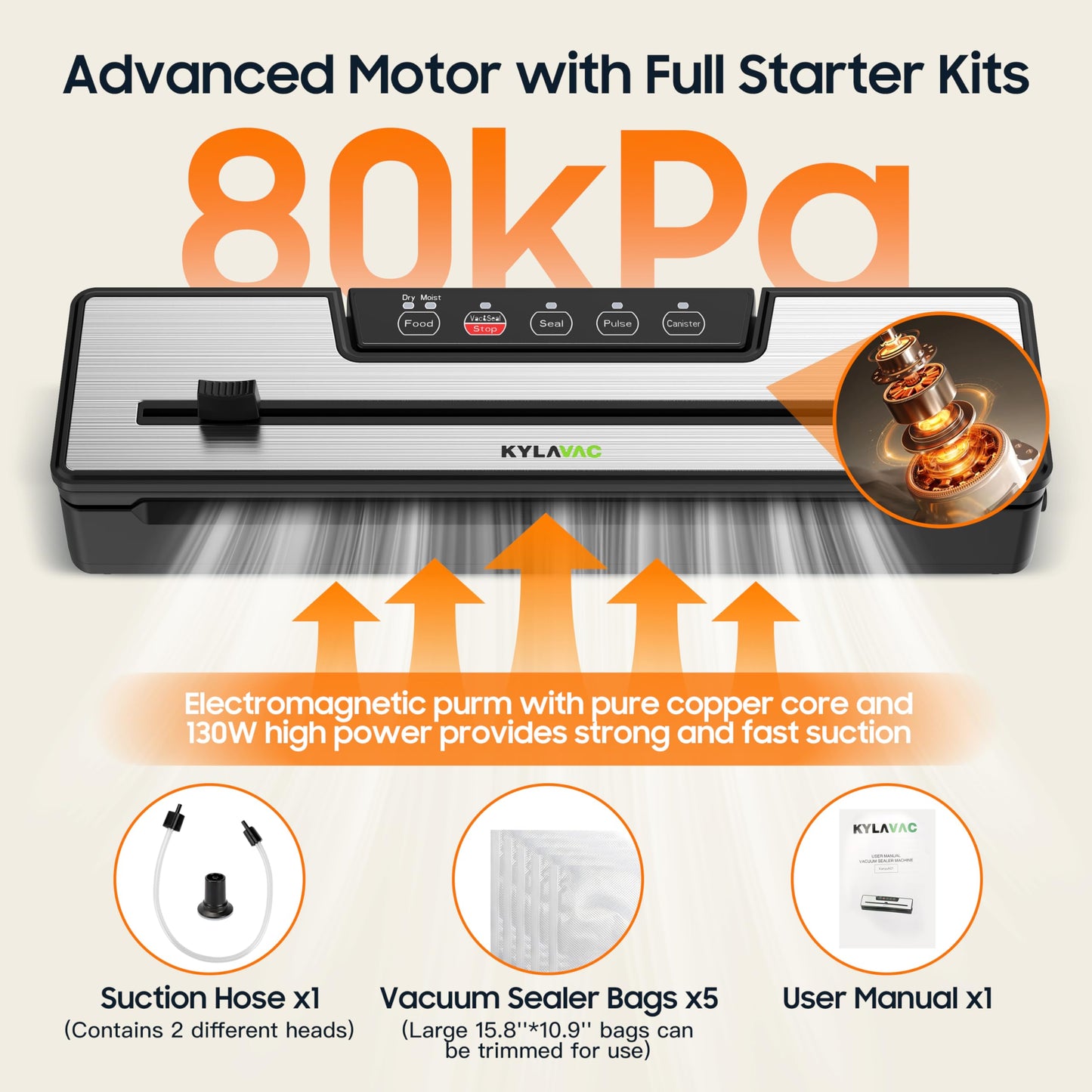 Food Vacuum Sealer Machine 80KPA Powerful Suction 6-in-1 Multifunctional Fast Compact Vacuum Sealer for Kitchen Storage with Dry/Moist Modes & Tube Accessories, Built-in Cutter + Bags
