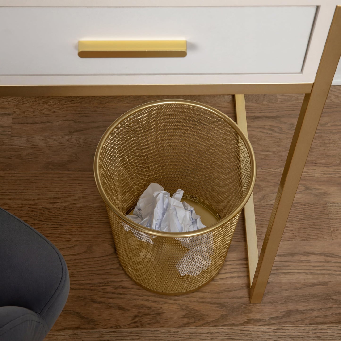 Martha Stewart Ryder Set of 2 Gold Mesh Metal Trash Cans, 4.5 Gallon Wastebaskets for Office