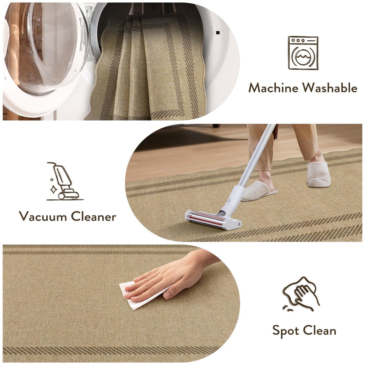 LIVEBOX Scalloped Washable 2x8 Kitchen Runner Rug, Easy Jute Geometric Tan Rugs for Hallway Runner Entryway, Indoor Outdoor Non Slip Rug Farmhouse Modern Carpet Door Mat for Porch Laundry Room