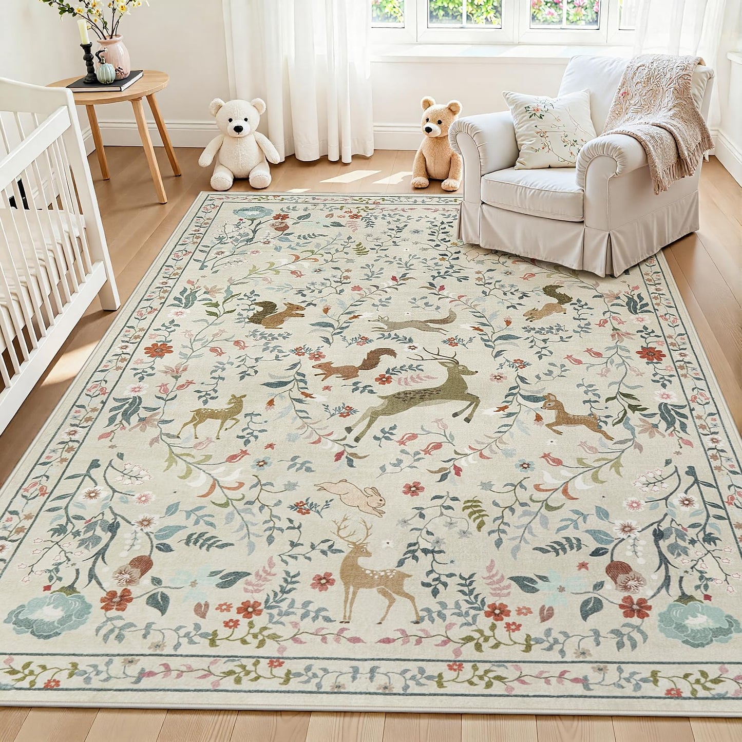 5x7 Area Rugs Washable Rug: Lagre Boho Living Room Rug Soft Non-Slip Thin Carpet Indoor Floor Non-Shedding Neutral Floral Carpets for Bedroom Dining Room Farmhouse Nursery Beige Animal