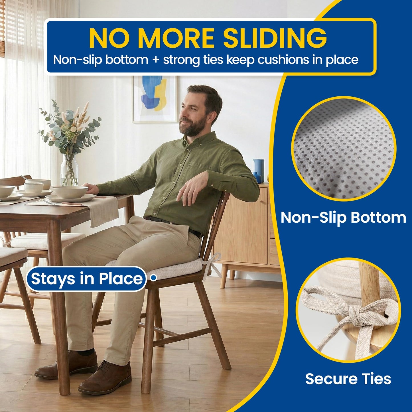 kingphenix Dining Chair Cushions Set of 4, 2.5 inch Thick Kitchen Chair Pads with Ties, Non Slip Bottom, Removable Washable Cover, 17” x 16”, Beige