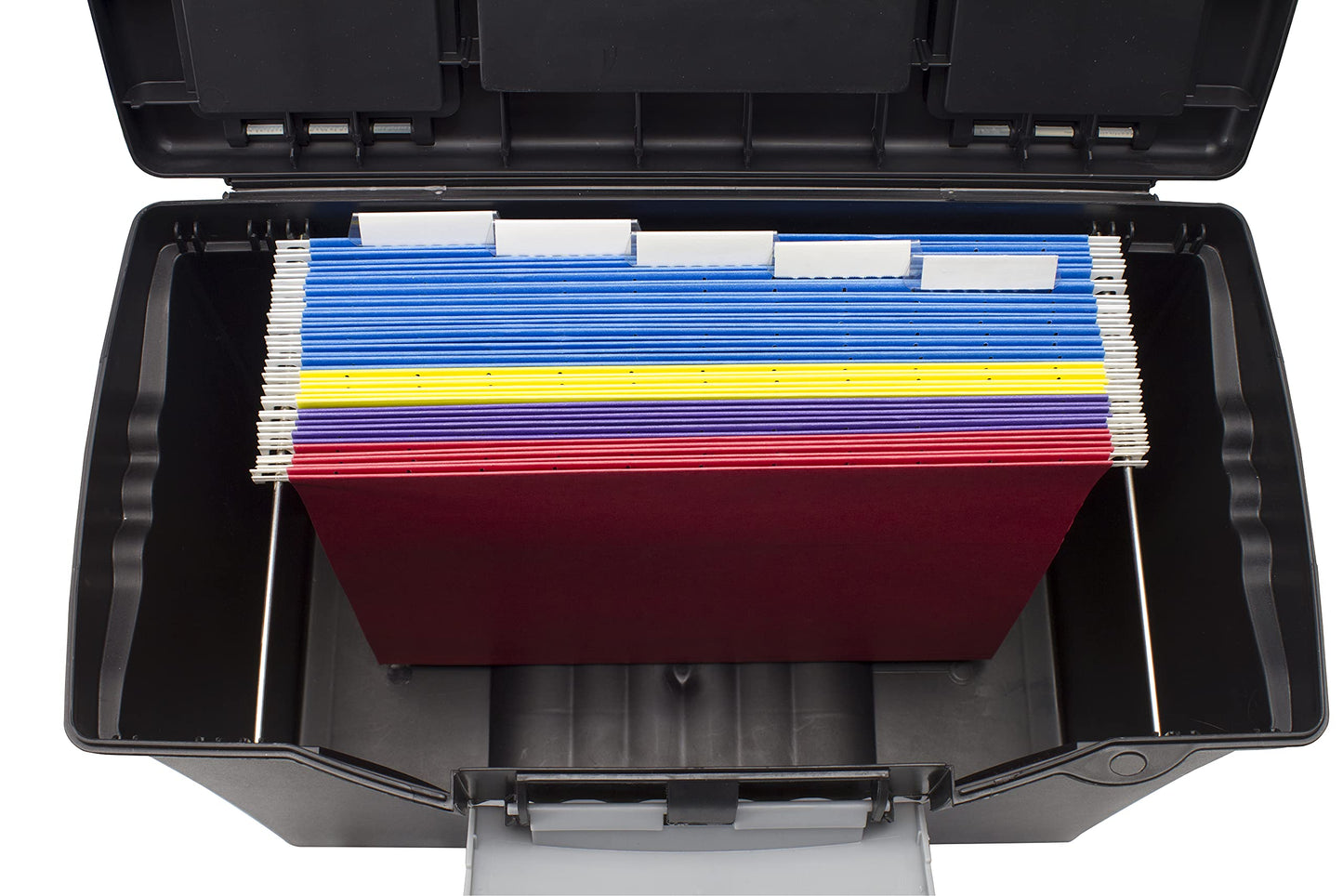 Storex Legal File Box with Organizer Lid – Plastic Office File Storage Box for Letter and Legal Hanging Folders, Obsidian, 1-Count (61510A01C)