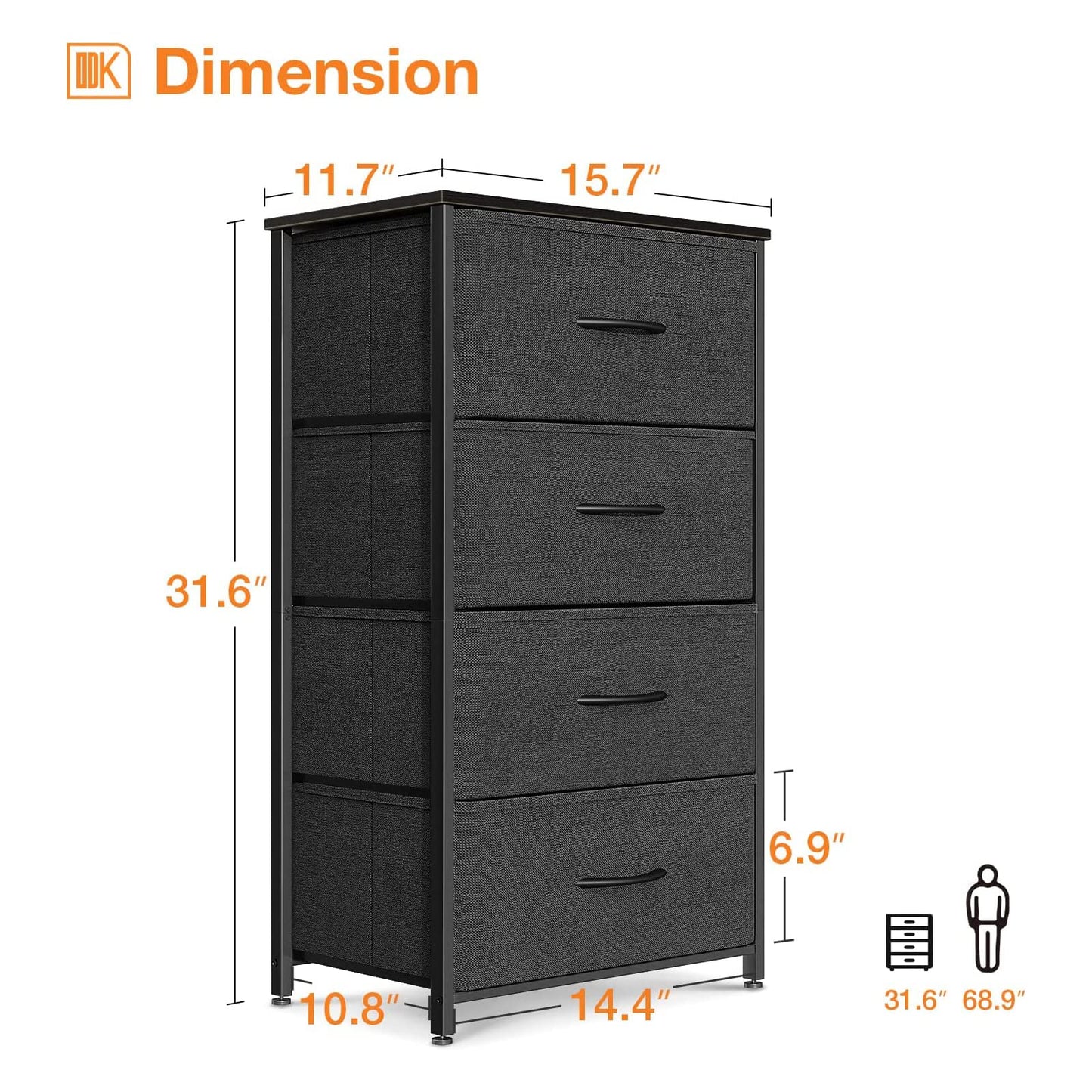 ODK Dresser for Bedroom with 4 Storage Drawers, Small Dresser Chest of Fabric Drawers with Sturdy Steel Frame for Small Space, Wood Top, Black