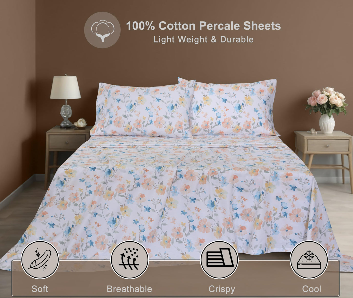 ZOYER 100% Cotton Percale Sheets Queen – Cooling Breathable Bed Sheets for Hot Sleepers, Crisp Hotel Style Bedding, Deep Pocket 16”, Lightweight Soft Durable 4 Pcs Sheet Set, Summer Spring