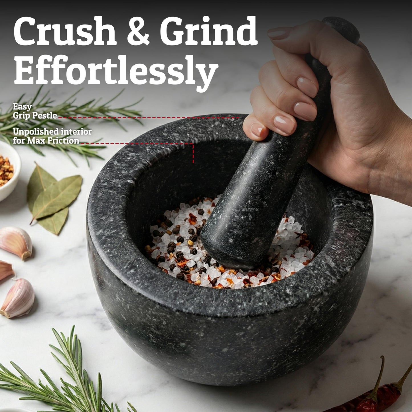 Priority Chef Heavy Duty Large Mortar and Pestle Set, 100% Granite, Non Slip Base, Make Fresh Guacamole, Salsa, Pesto, Stone Grinder Bowl, Herb Crusher, Spice Grinder, 4 Cup - Black