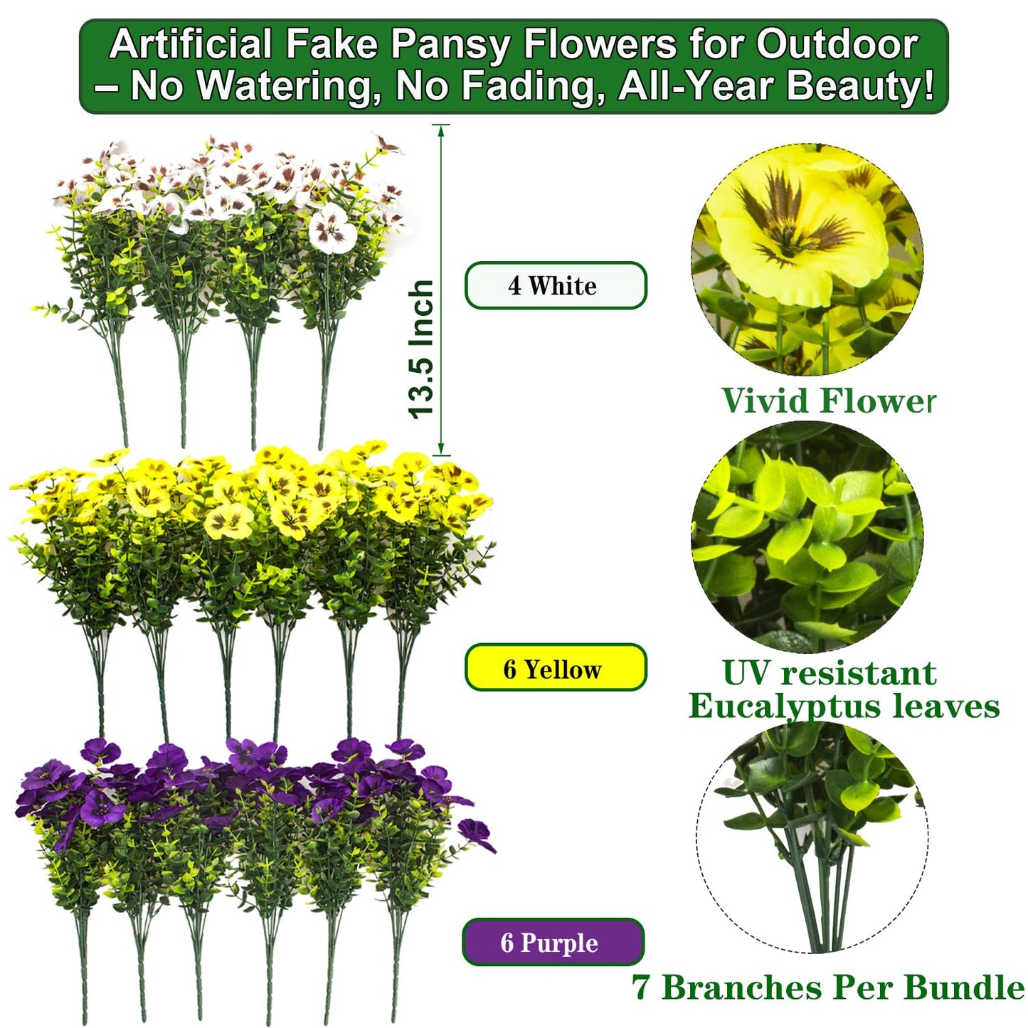 16Pcs Artificial Pansy Flowers for Outdoors, UV Resistant Fake Faux Silk Pansies for Outside,Spring Flowers for Hanging Basket Planter Window Box Porch Patio Yard Decor(Mixed Purple Yellow White)