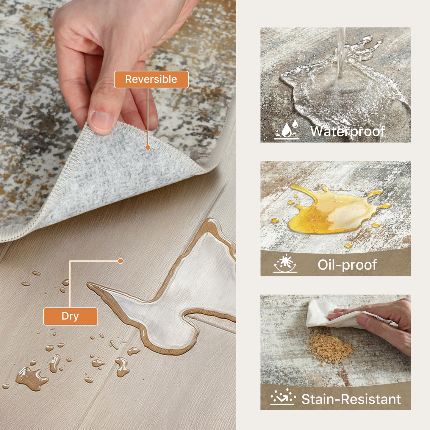 GENIMO Kitchen Rug Sets of 3, Non-Slip Washable Low-Pile Kitchen Mats for Floor, Waterproof Abstract Kitchen Runner Rug, Floor Mat Carpet for Hallway, Laundry, Sink, Entryway, Bathroom, Gold
