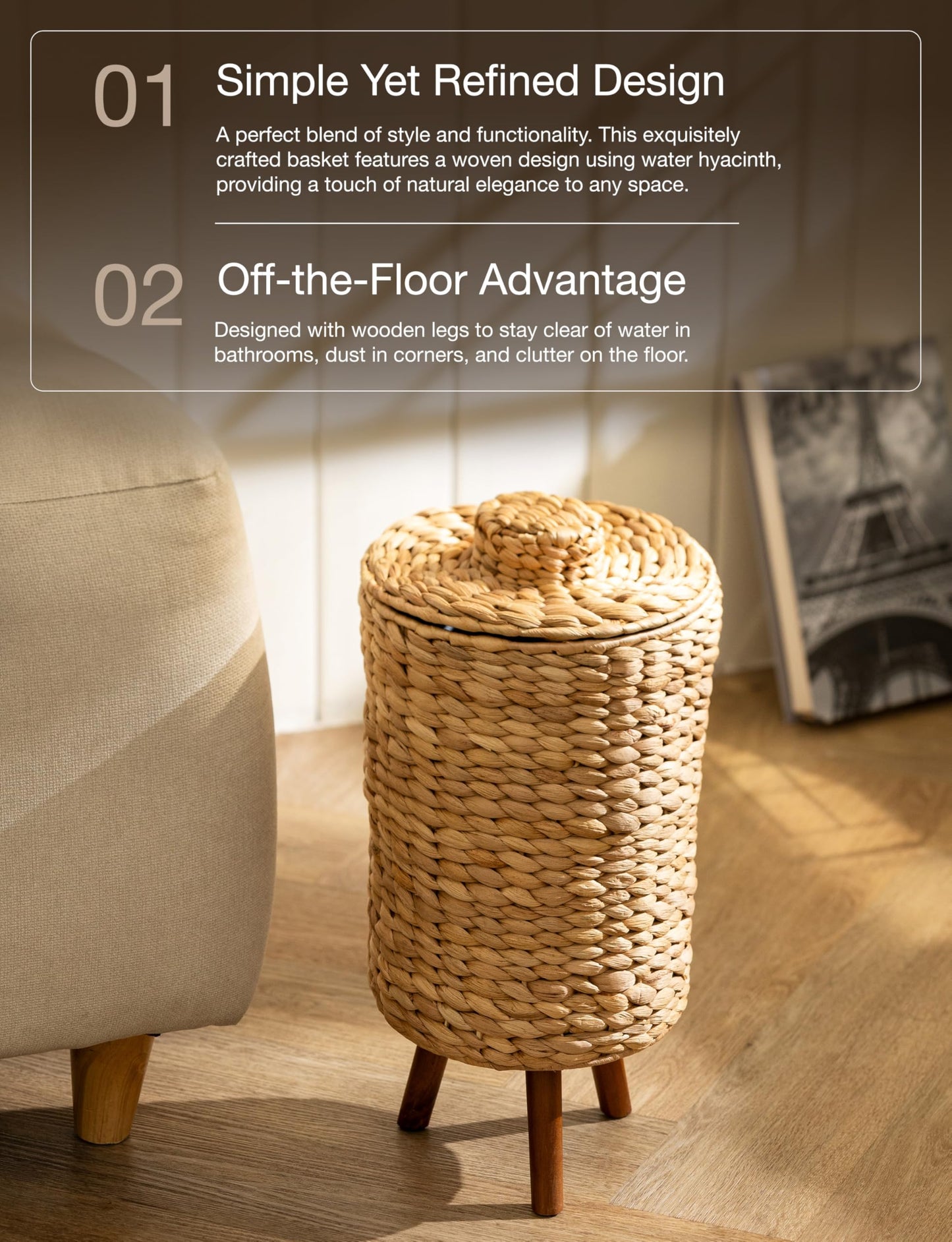 Tidita 1.5 Gallon Wicker Trash Can with Lid, Water Hyacinth Wicker Waste Basket for Bathroom - Decorative Bathroom Trash Can with Wooden Leg - Rattan Garbage Can with a Lid, Liner - Assembly Required