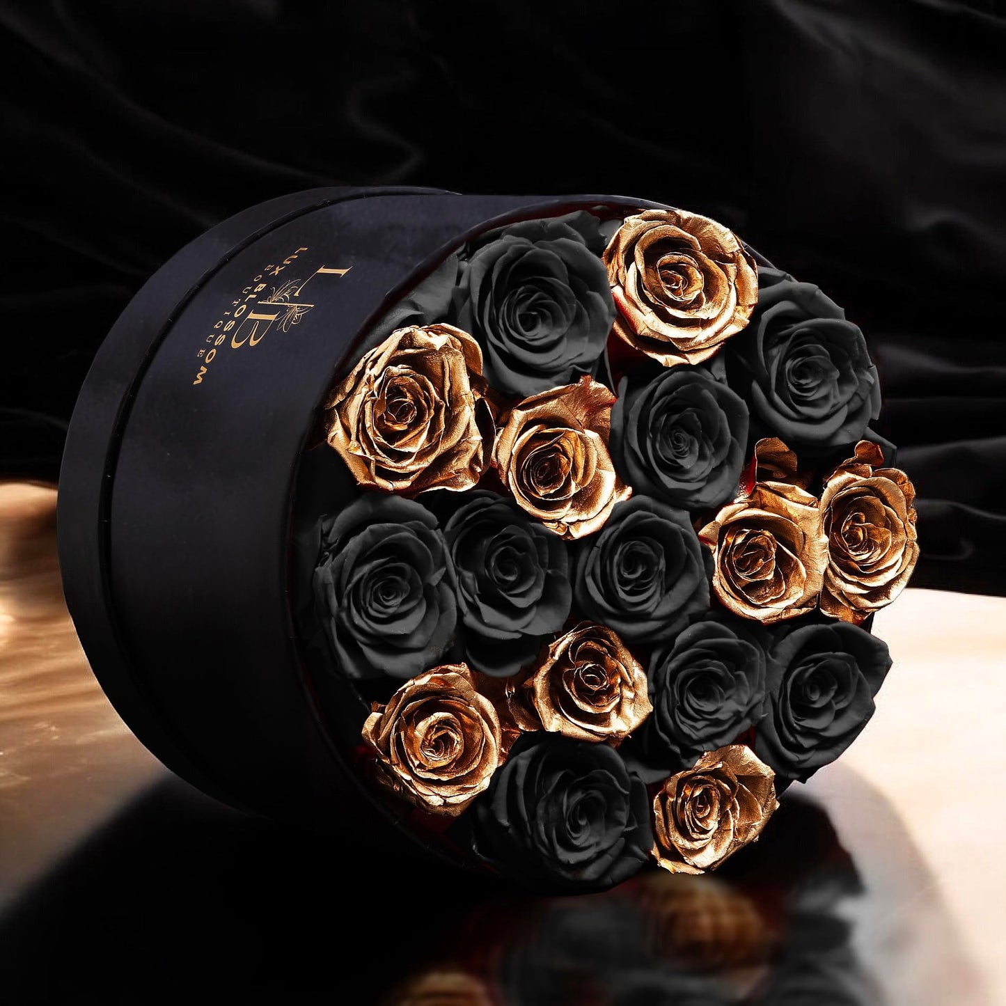 17 Black & Gold Forever Roses, Velvet Box - Luxury Black Roses, Graduation Flowers, Golden Roses, Preserved Rose Gifts for Women, Flowers for Teacher, Black Roses for Delivery Prime