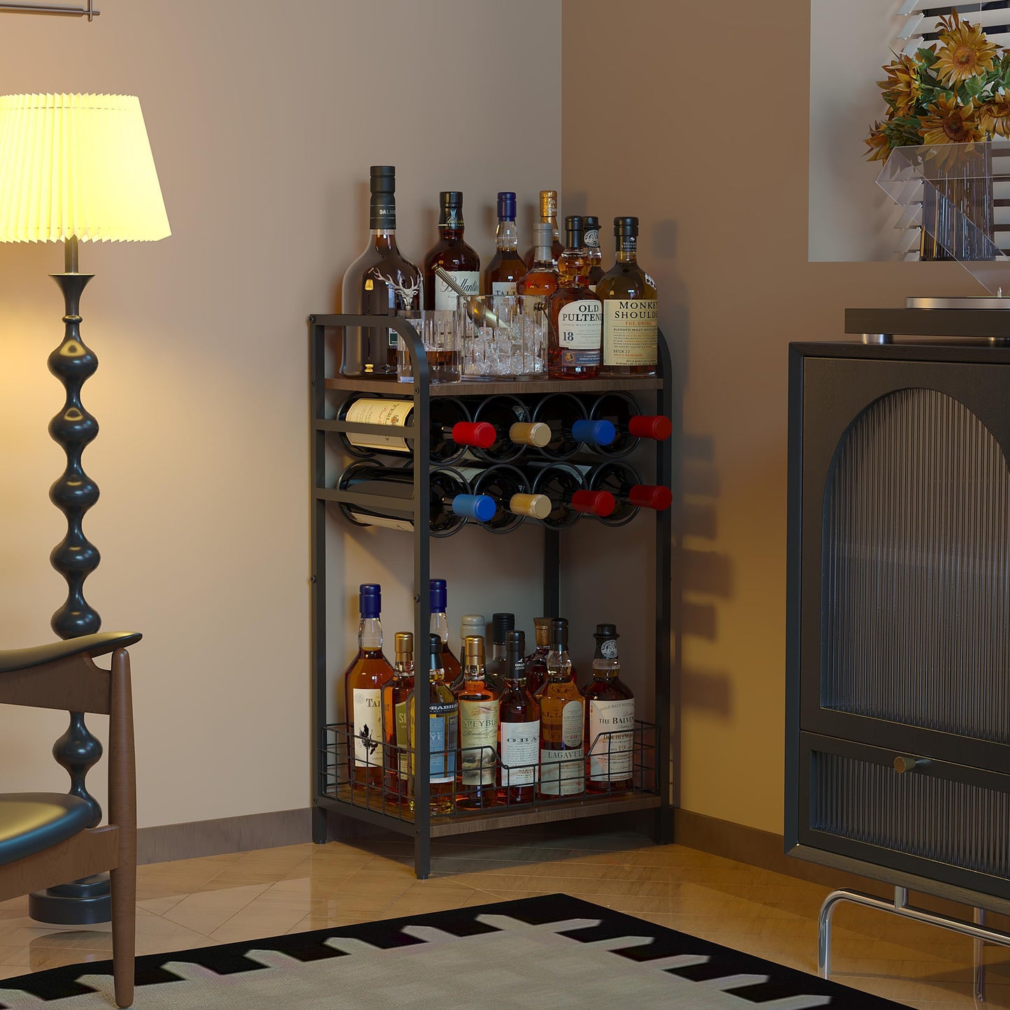 Bosimeca 3-Tier Wine Rack Freestanding Floor Cabinet Corner Bar Cabinet Bar Cart,12 Individual Wine Storage Bottle Compartments Corner Bar Cabinet Holder (3-Tier Wine Rack 07)