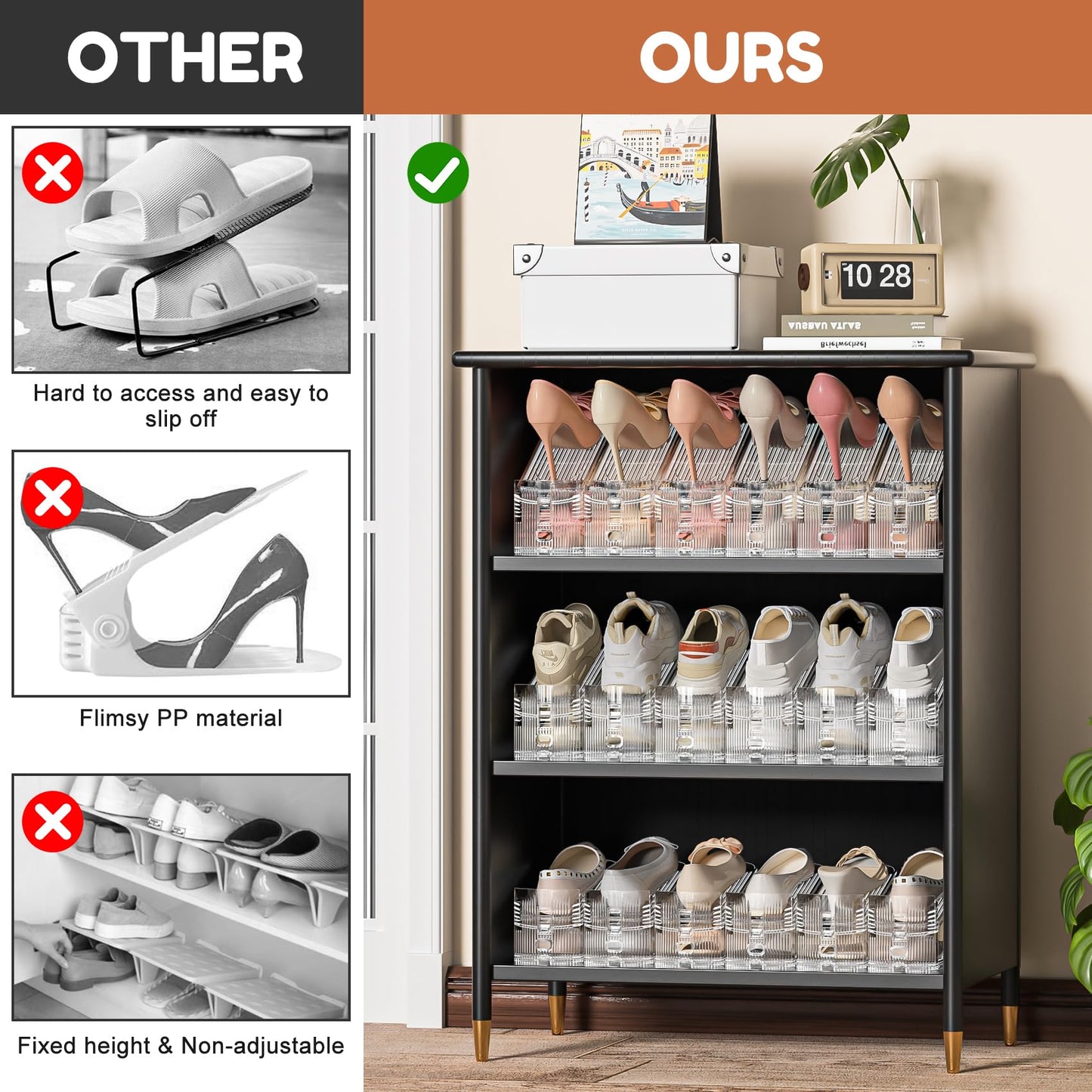 Neprock Shoe Slots Organizer for Closet,12 Pack Acrylic Shoe Stackers for A Pair of Shoes,3 Levels Adjustable Shoe rack storage Shoe Space Saver 50% (Clear,12 Pack)