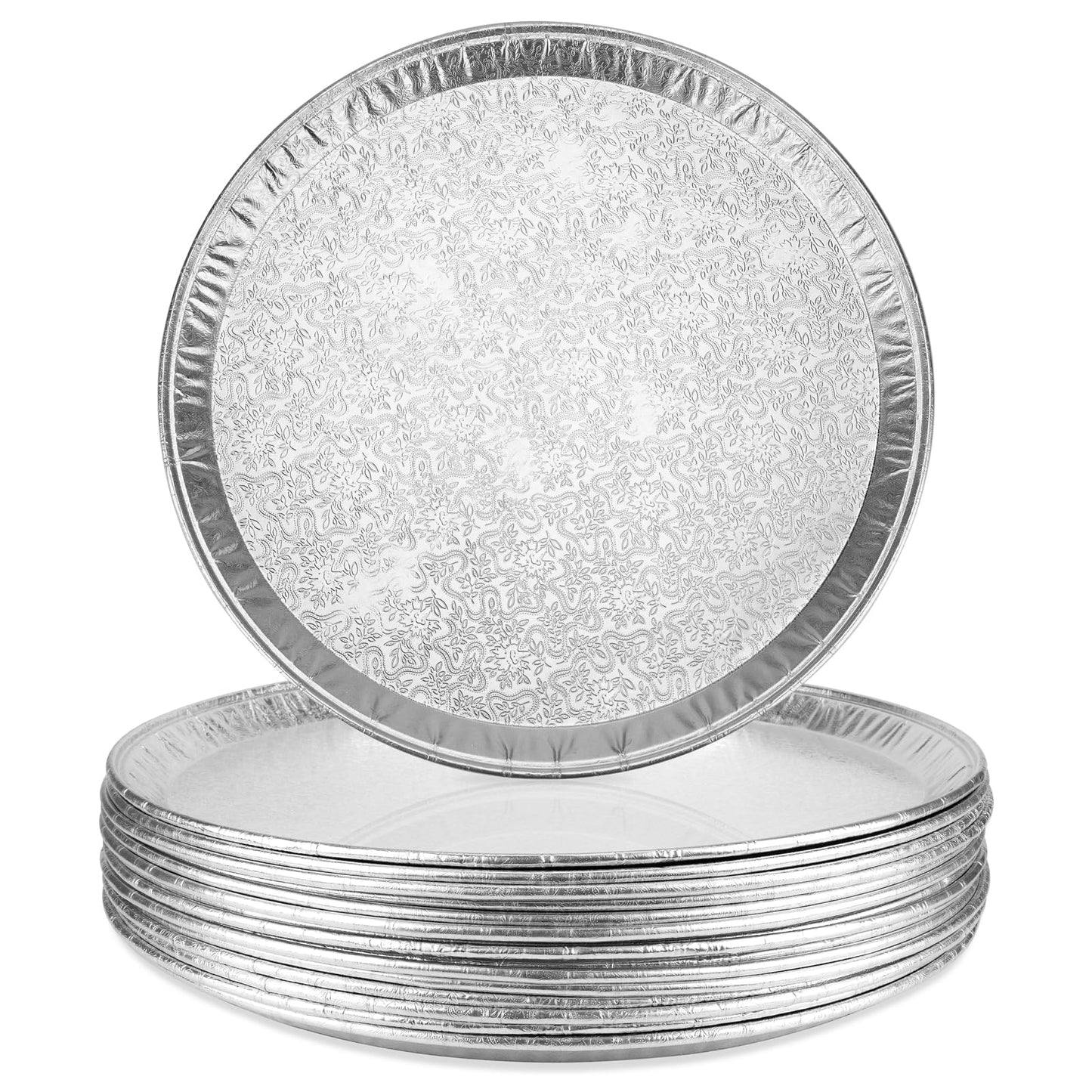 Roponan 15 Pack Serving Platters 16”, Large Disposable Aluminium Foil Serving Trays for Parties, Silver Embossed Foil Serving Dishes/Plates for Vegetable, Fruit, Slices of Cake, Cookies