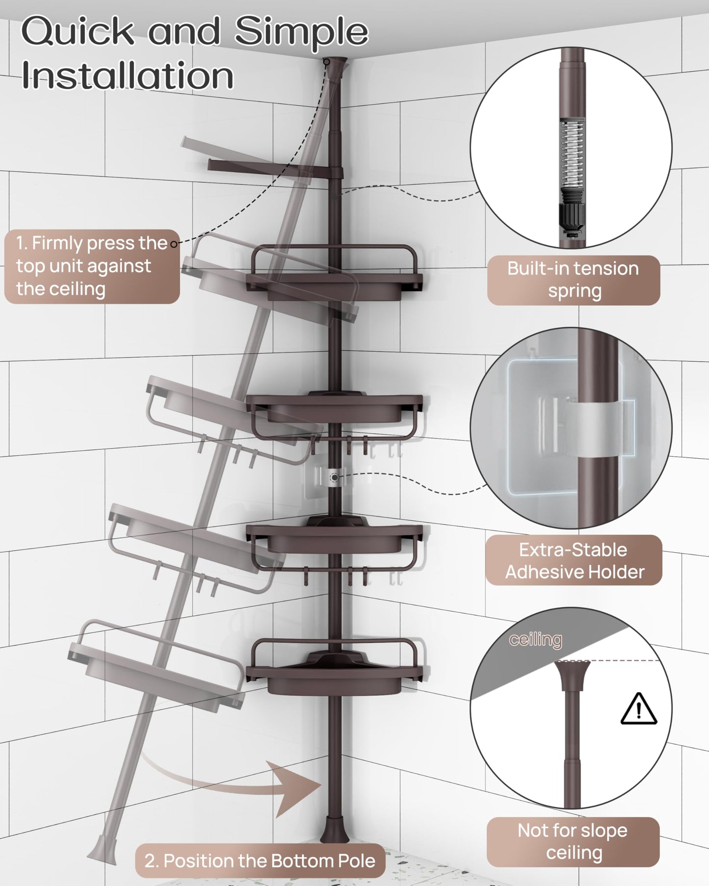 ALLZONE Corner Shower Caddy Tension Pole, Extendable Rustproof Stainless Steel Pole & 4-Tier Adjustable Shelves for Easy Drainage and Built-to-Last Stability, 34 to 116 Inches, Brown