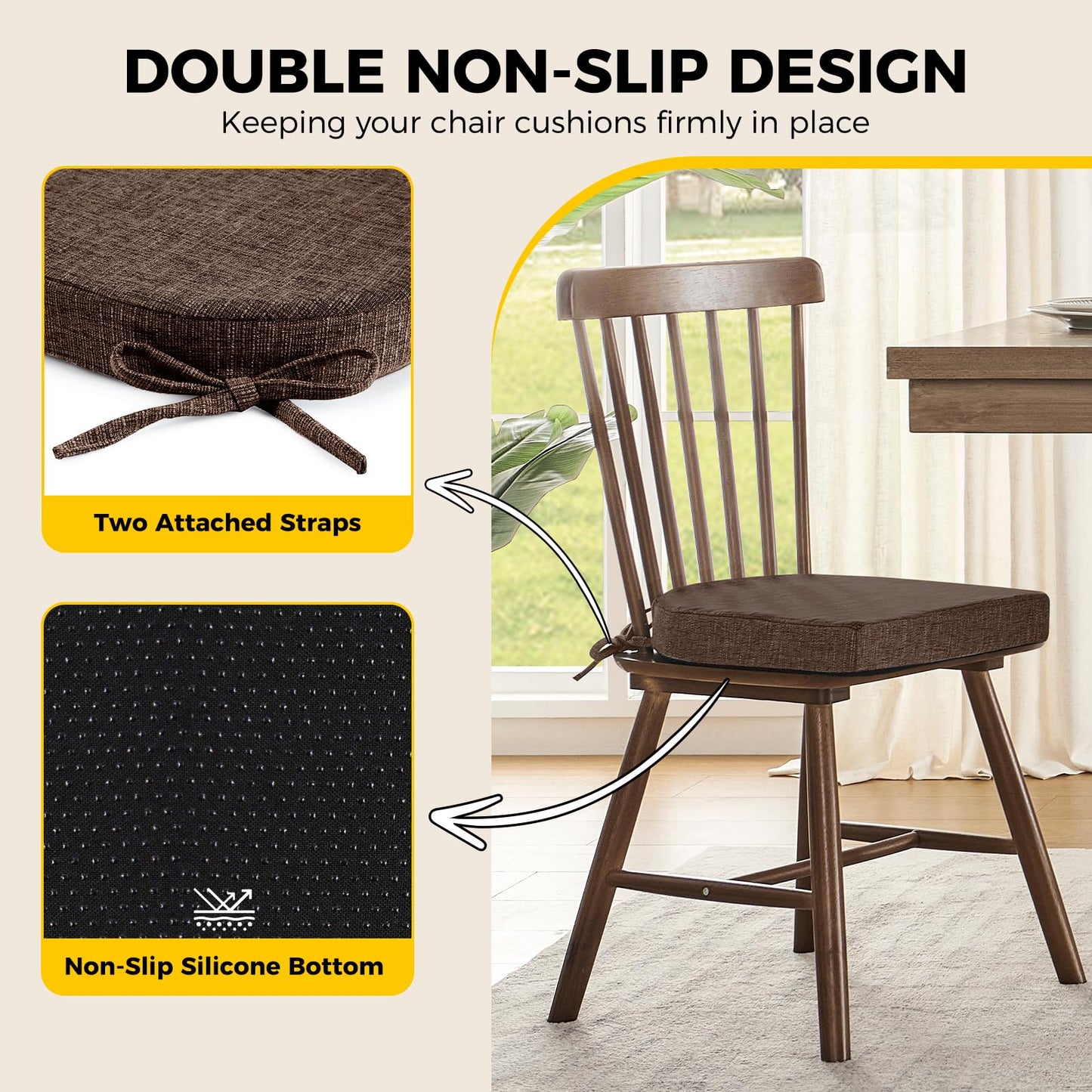 downluxe Indoor Chair Cushions for Dining Chairs, Soft and Comfortable Textured Foam Kitchen Chair Pads with Ties and Non-Slip Backing, 16" x 16" x 2", Brown, 4 Pack