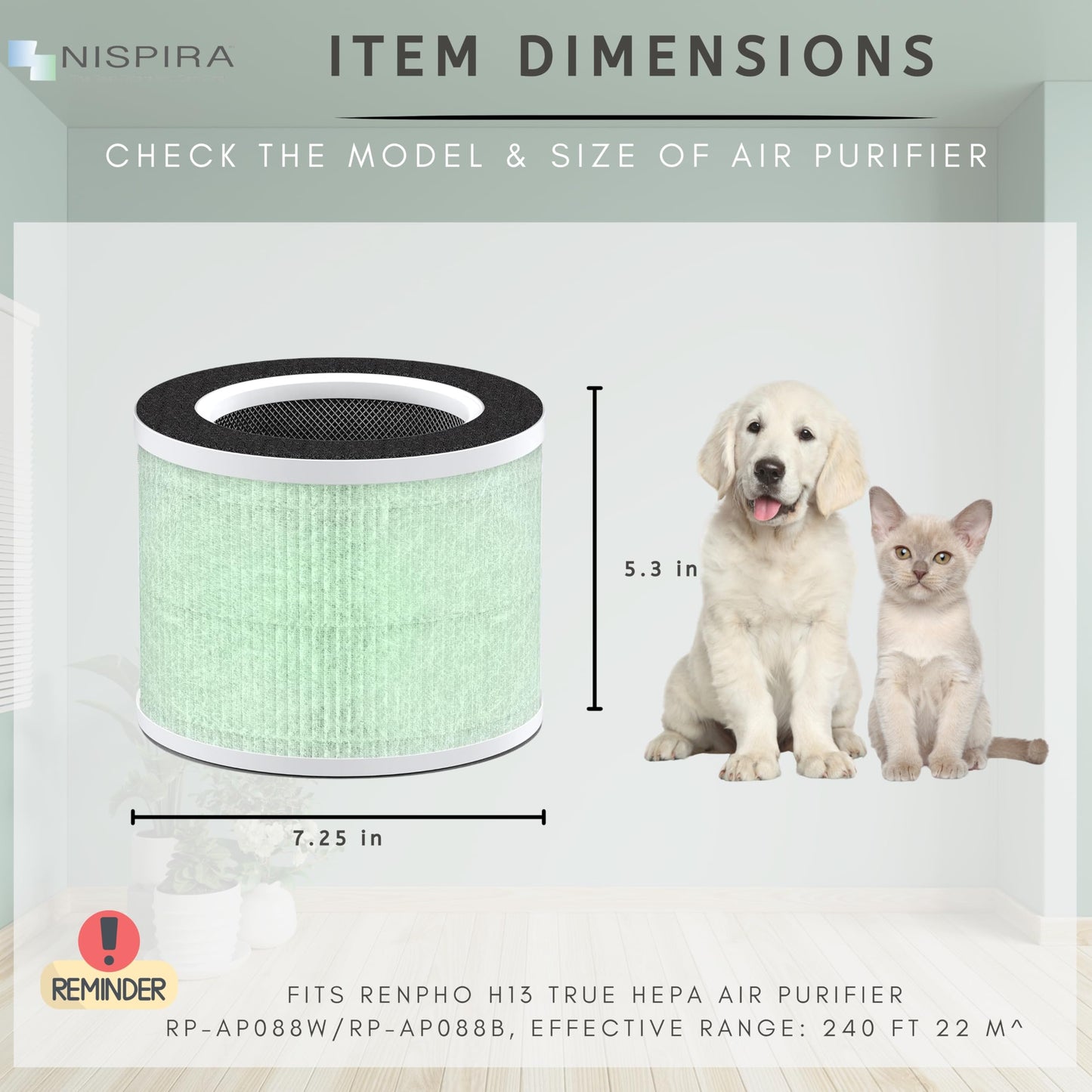 Nispira RP-AP088-F1 RP-AP088 Replacement Filter for RENPHO Air purifier RP-AP088W RP-AP088-F2 H13 4-in-1 HEPA Activated Carbon, 2 Packs