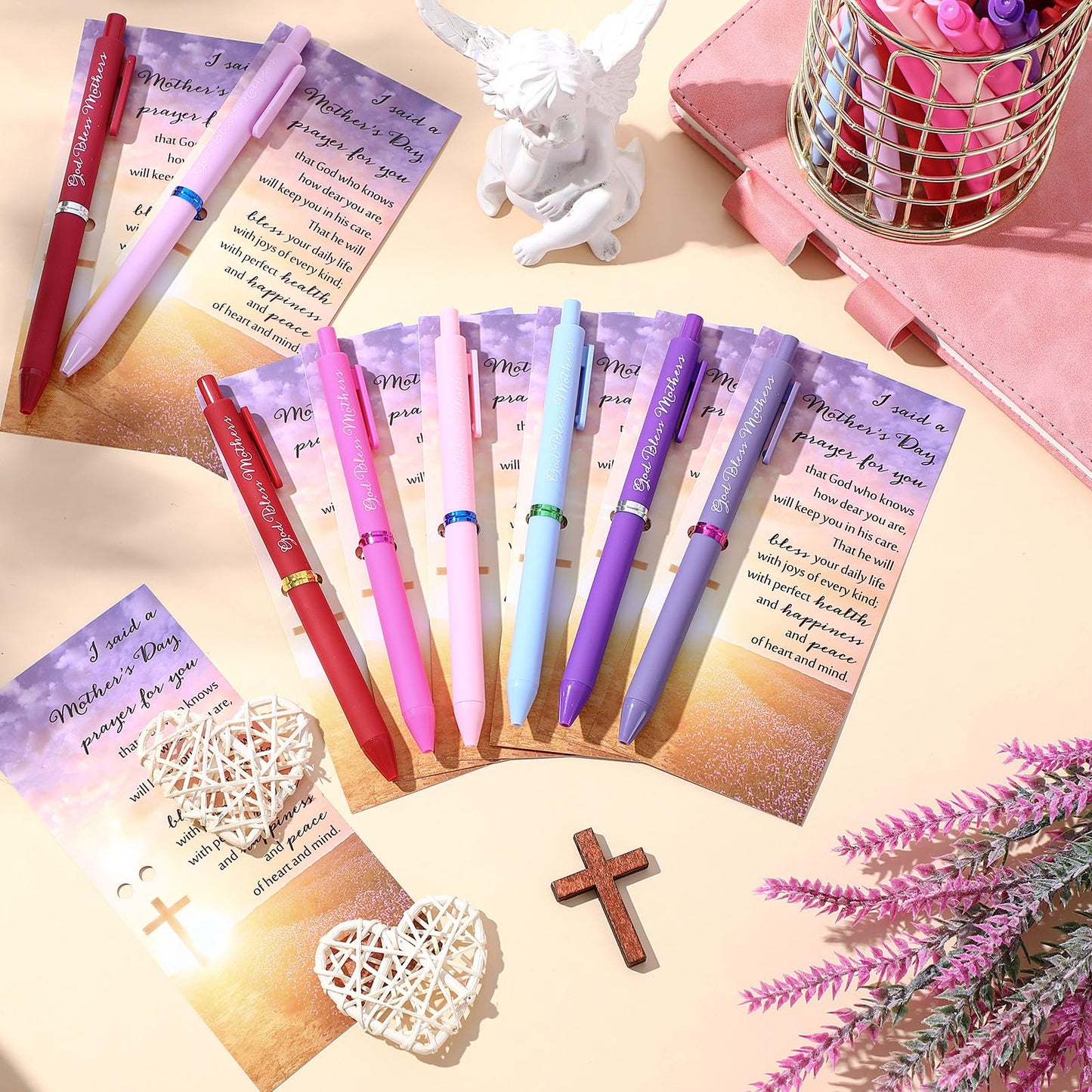 Eersida 100 Sets Mothers Day Gifts for Church Bulk God Bless Mothers Day Pens 8 Colors Christian Pens Bible Verse Ballpoint Religious Gift Cards Christian Cards with Ties for Church Birthday