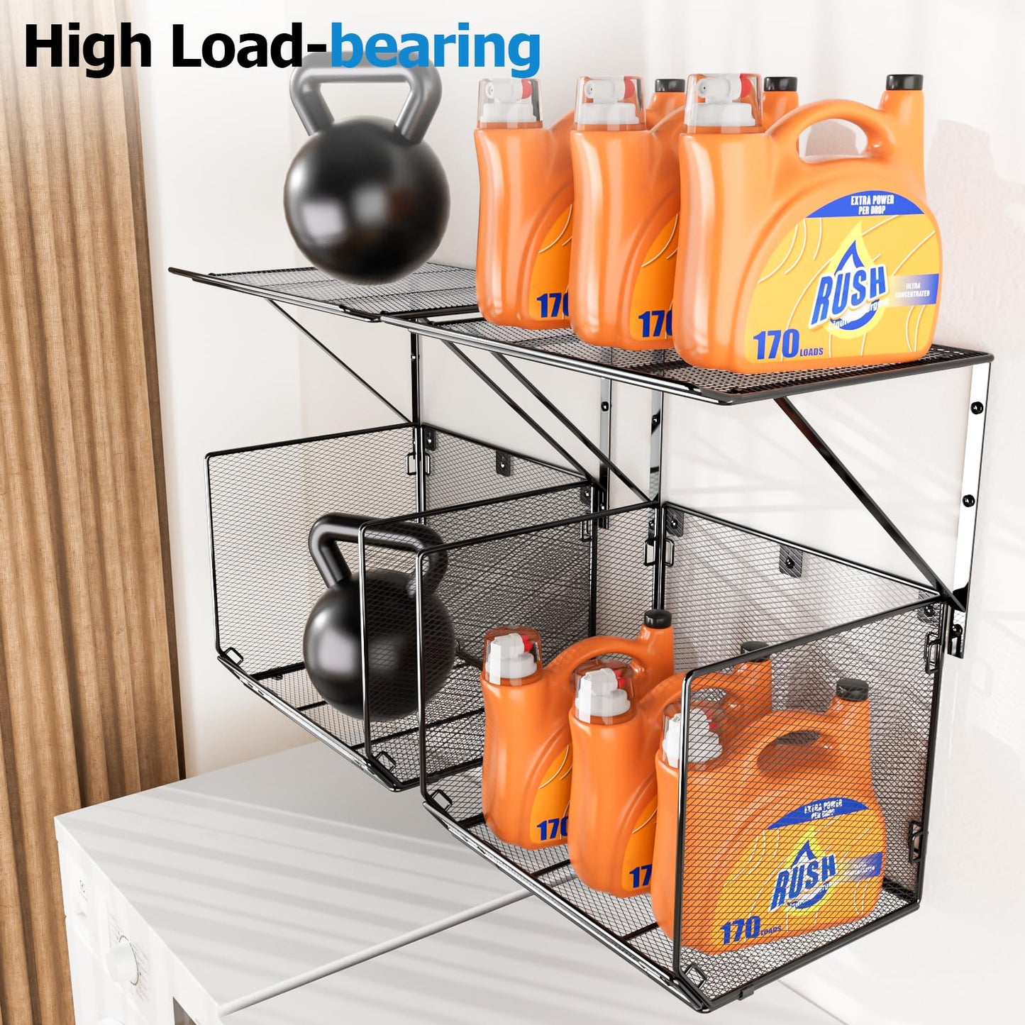 BigPonPon 2 Pack Laundry Room Shelves Organization and Storage,Wall Mounted Clothes Drying Rack with Wire Mesh Basket Over Washer and Dryer, (Black, 2 Pack)