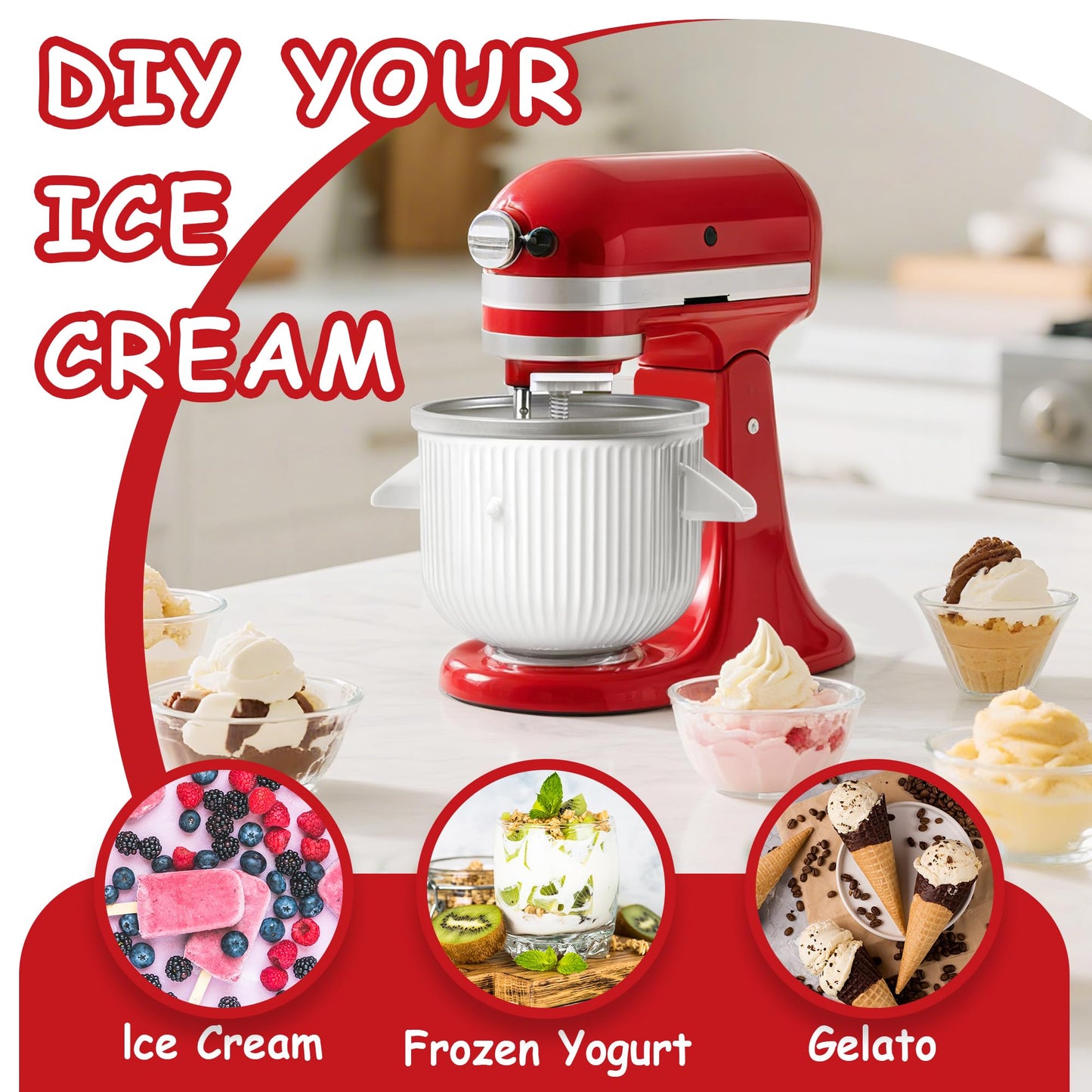 Ezato Ice Cream Maker Attachment for KitchenAid, Fits KitchenAid 4.5/5QT & 6QT Mixers, Frozen Ice Cream & Sorbet Gelato Maker, 2 Quart, White