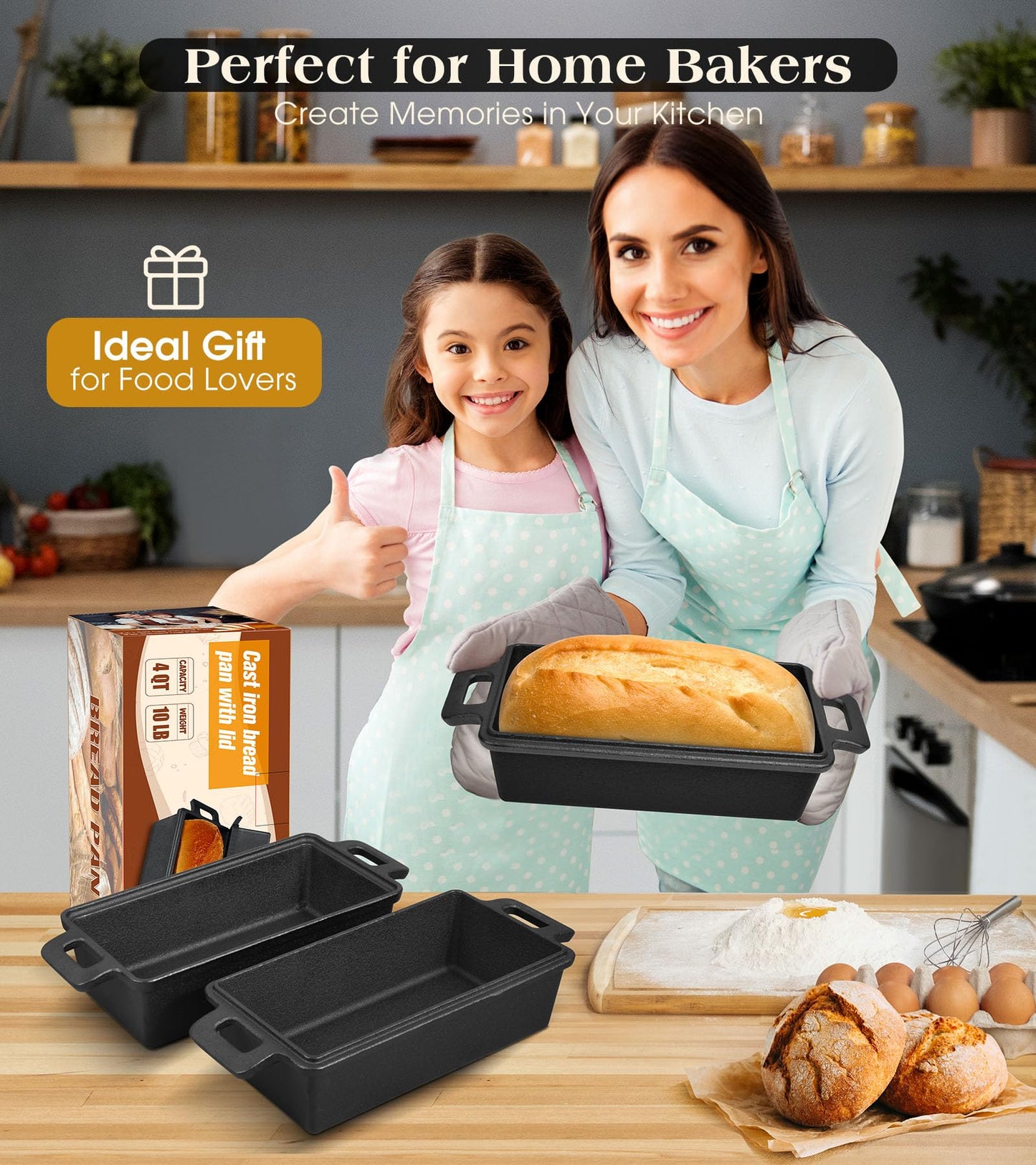 Bachdomc Cast Iron Loaf Pan With Lid, 9×5 in – 2‑in‑1 Heavy‑Duty & Oven‑Safe Loaf Pan for Sourdough & Homemade Bread