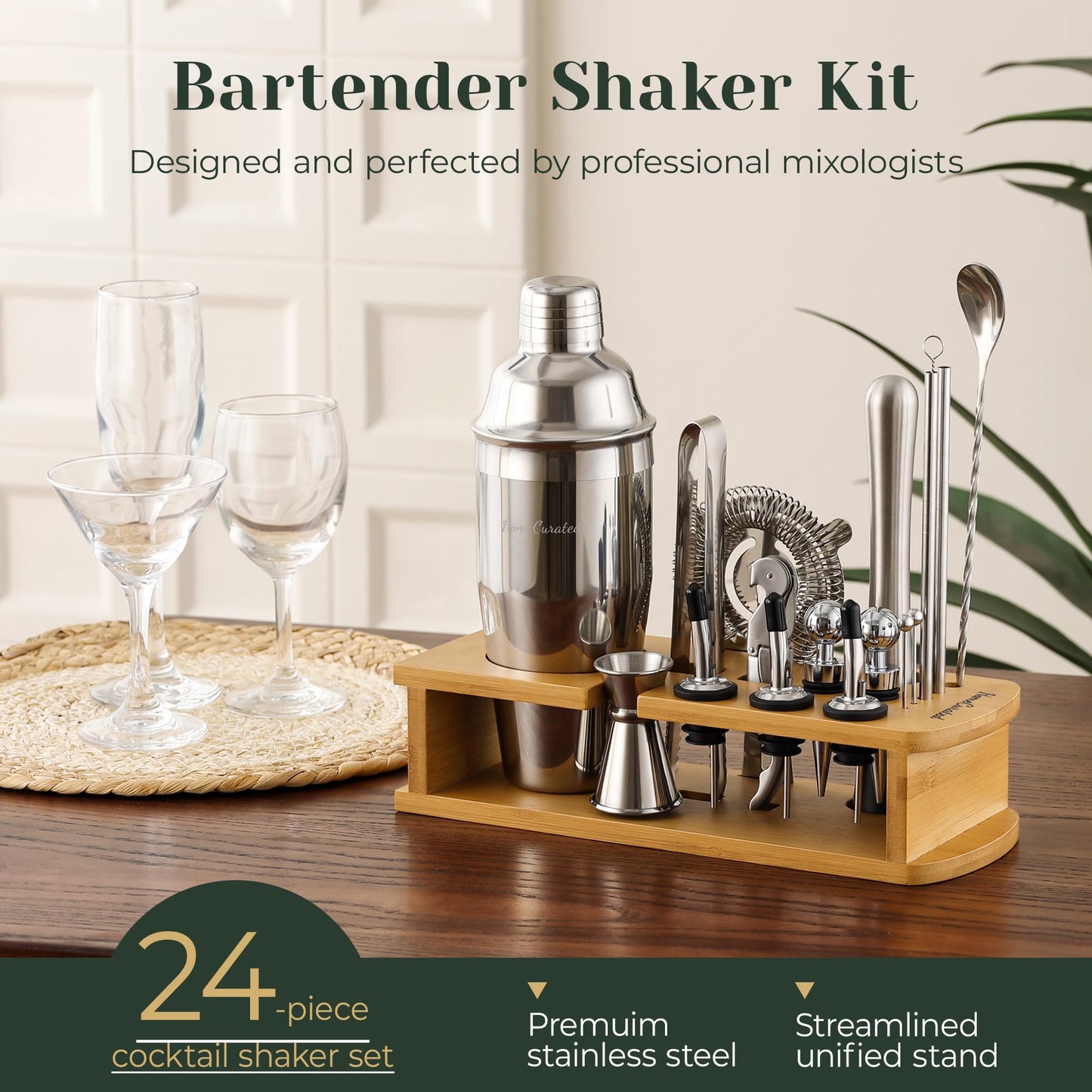 Cocktail Shaker Set,24-Piece Bartender Kit – Complete Bartending Kit Bar Set with Stand,Drink Shaker & Mixer – Perfect Bar Accessories for Home Bar Set,Housewarming Gifts for Men & Women,Silver